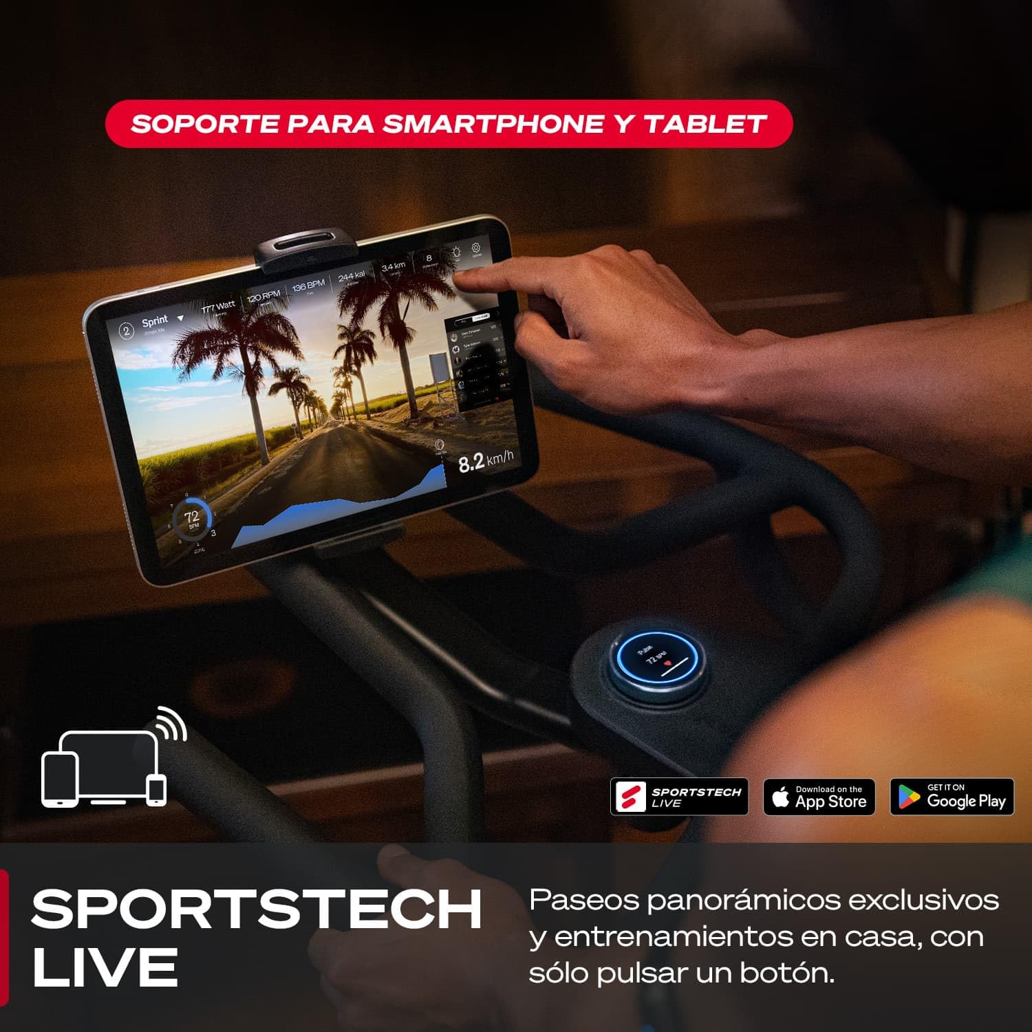Sportstech sBike Lite - Bicicleta estática inteligente con LED + aplicación con cursos en vivo y bajo demanda y soporte de tableta de 360° para entrenamiento completo del cuerpo, ergómetro para