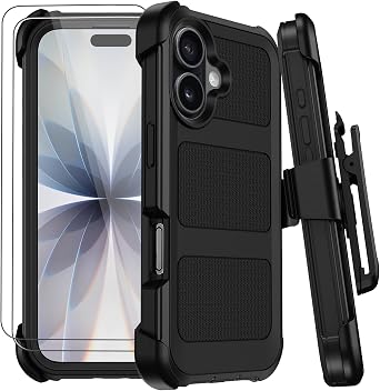 for iPhone 17 Case with Belt Clip Holster & Kickstand,Military Grade Anti-Drop Shockproof Heavy Duty Rugged Cover,w/2X Screen Protectors Tri-layer Defender Bumper Protective Cases for Apple 17 Black