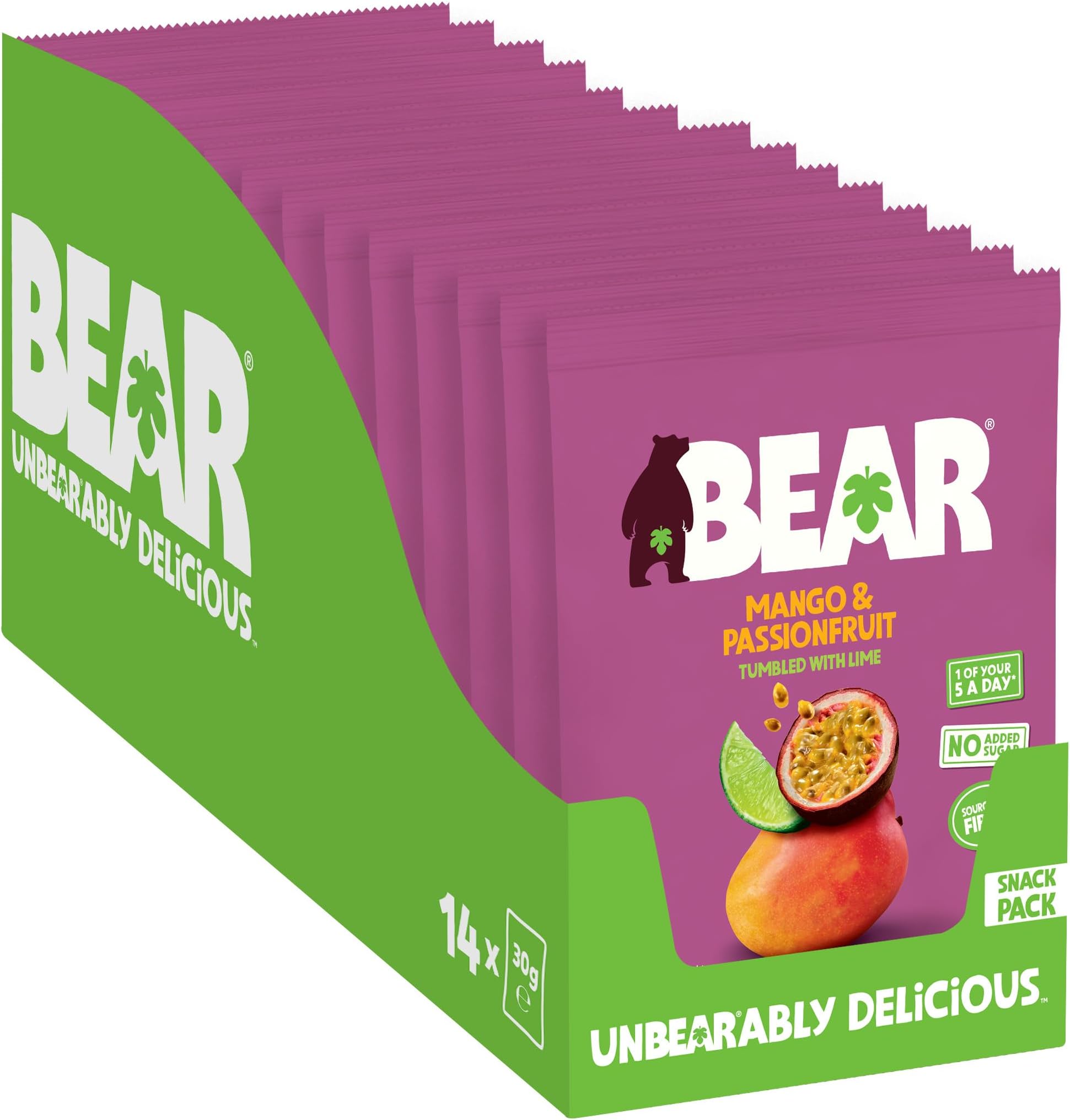 BEAR Fruit Dried Mango & Passionfruit Packs - Gently Baked Fruit - Healthy - Vegan - 14 x 30g