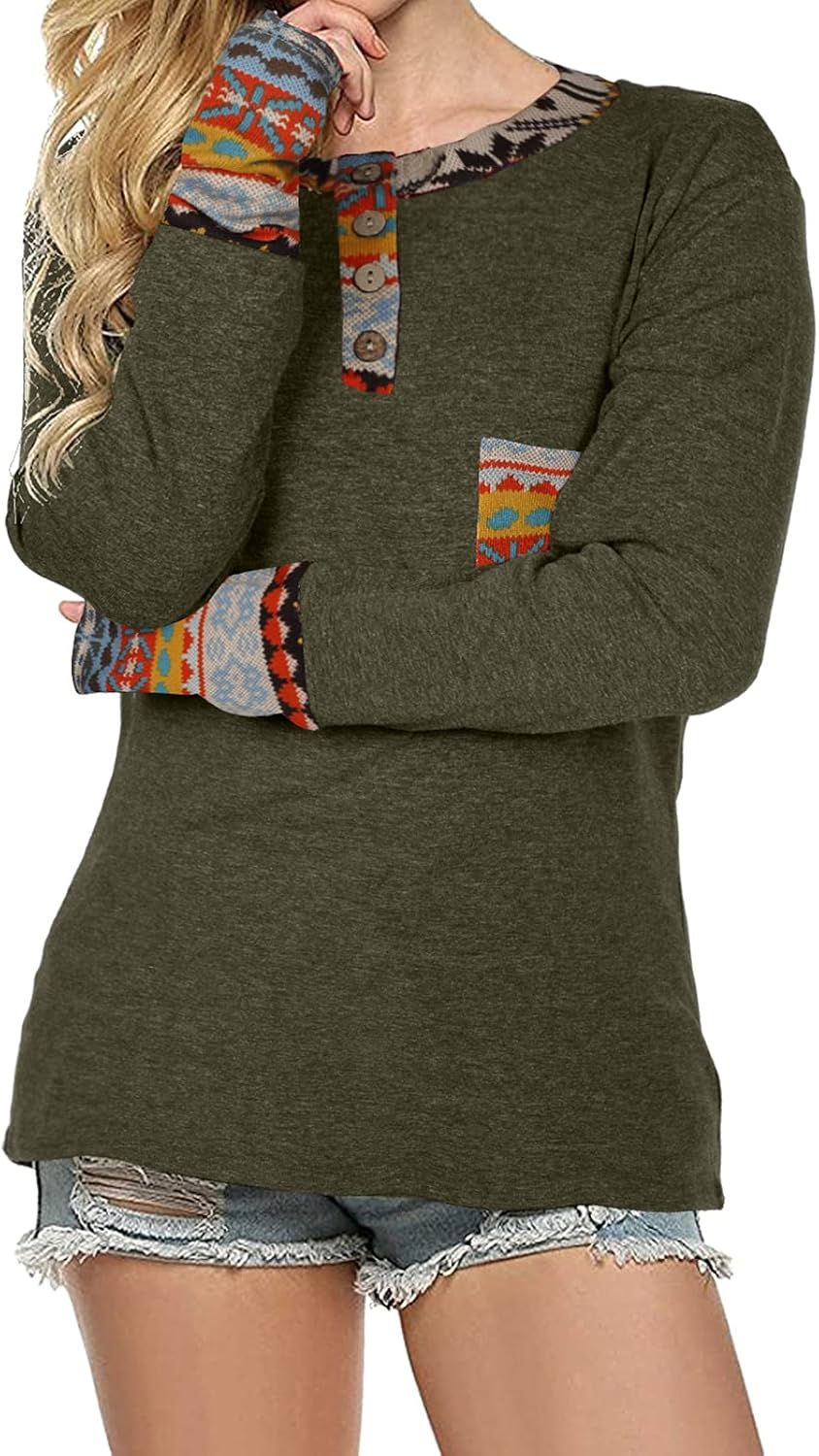 MNLYBABY Women Long Sleeve Tops O-Neck Patchwork Basic T-Shirts Blouse Tunic Tops with Pocket Casual Loose Sweatshirt at  Women’s Clothing store