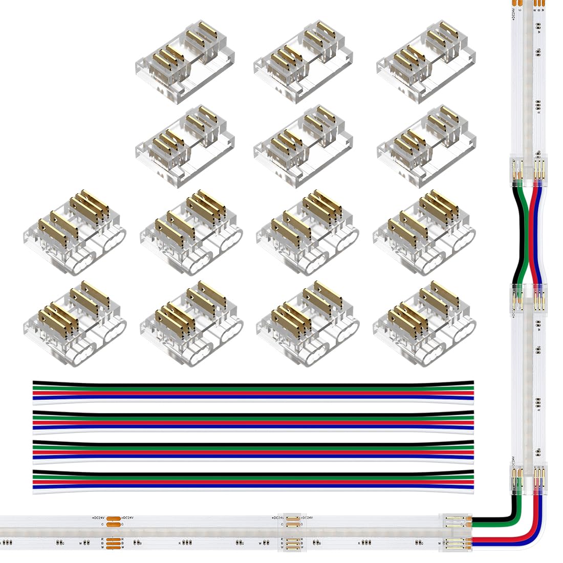 FCOBCOB 5pin 12 mm RGBW Connector Kit 14 Pieces Transparent Connector 4 Pieces 15 cm Long 24AWG Extension Cable Wire/Board to Board for Gap Free Soldering and FCOB 5pin RGBW Strip Corner Connection
