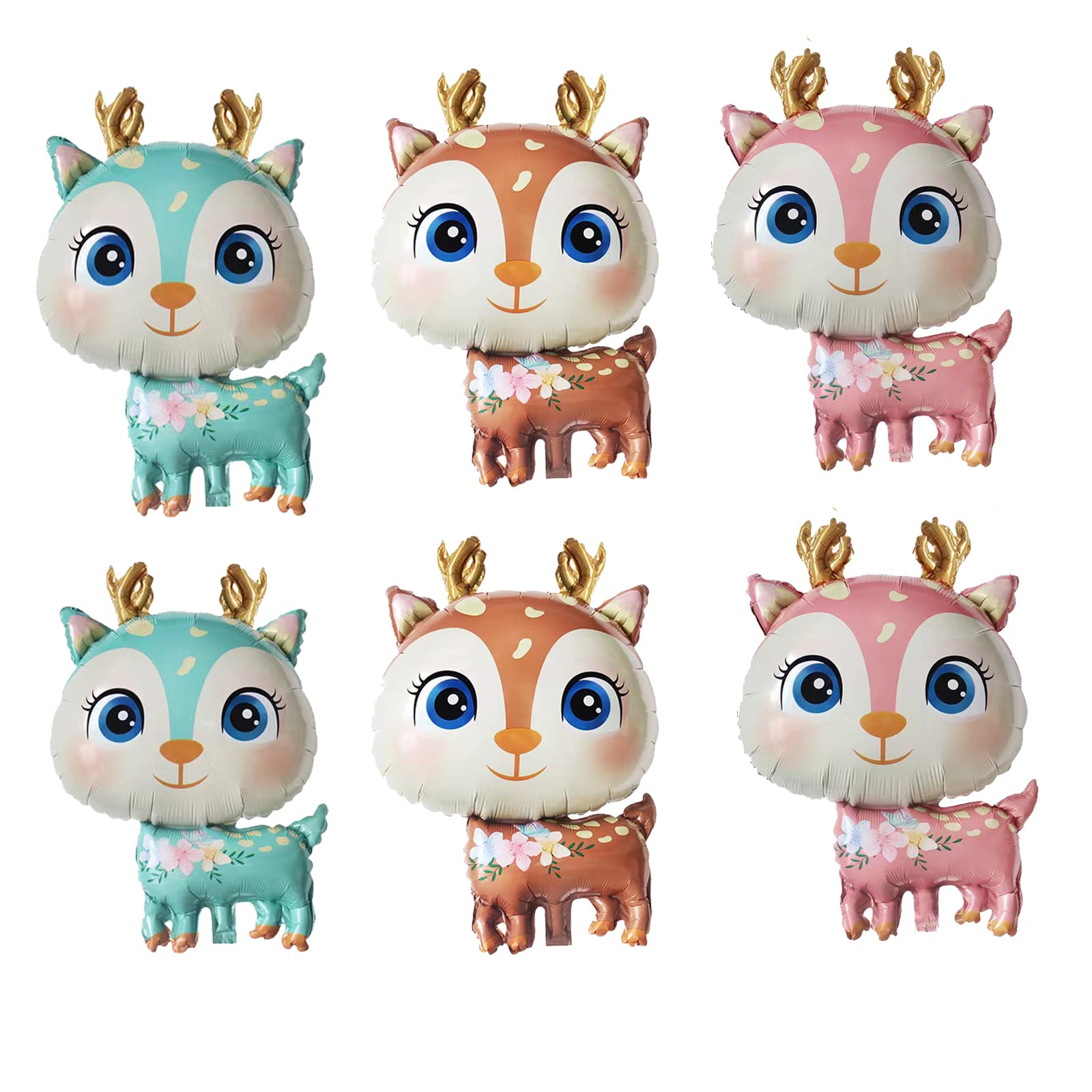 UY 6PCS Deer Foil Balloons Woodland Deer Shaped Animal Balloons Cartoon Animal Deer Wildlife Balloons for Jungle Safari Themed Party Decorations
