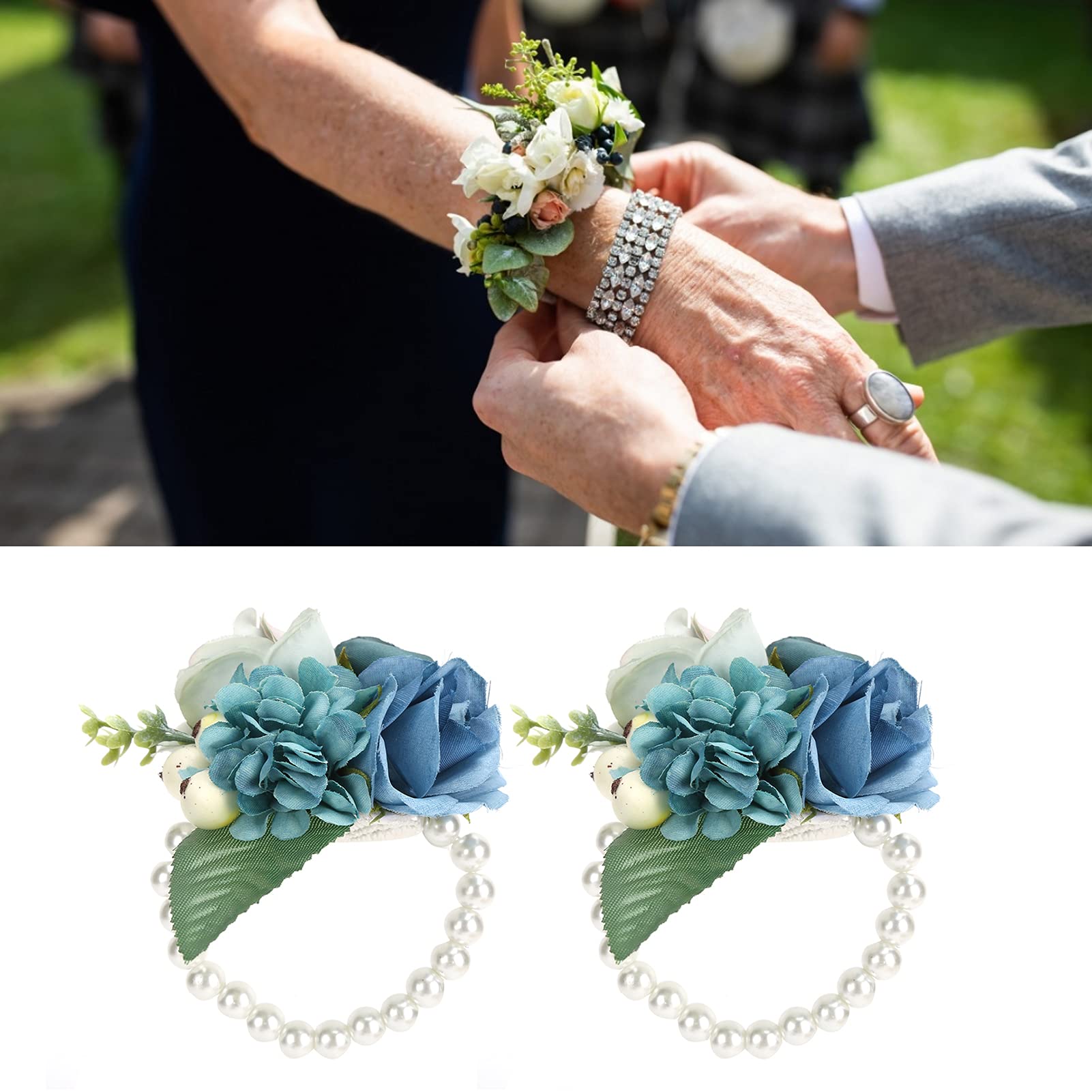 PATIKIL Fiore Polso Rosa Damigella d'Onore, 2pz Braccialetti da Polso con Fiori di Rosa Artificiali per Matrimonio Cerimonia Festa, Azzurro