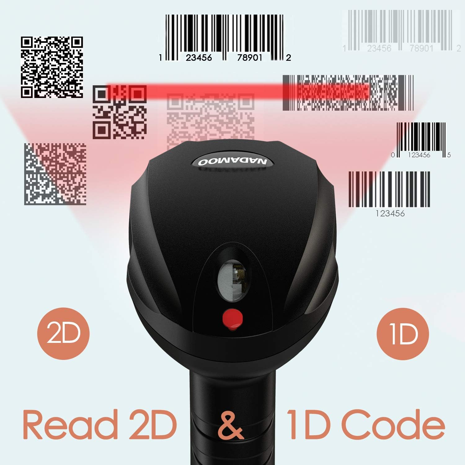 NADAMOO 2D Barcode Scanner scanning various 1D and 2D barcodes, including QR codes and standard linear barcodes.