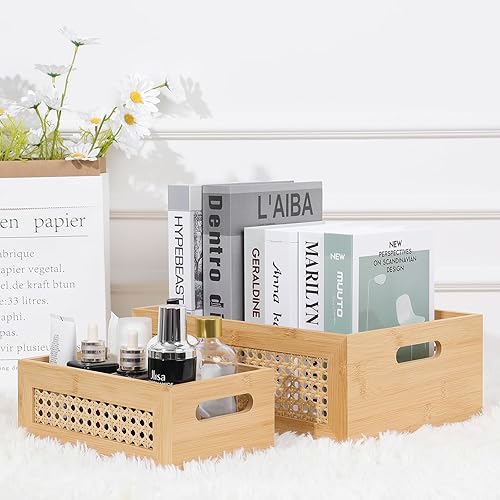 Miniatura 8 de Cesta de almacenamiento grande de ratán hecha a mano de bambú natural con marco de madera y asas, caja decorativa de mimbre para decoración rústica