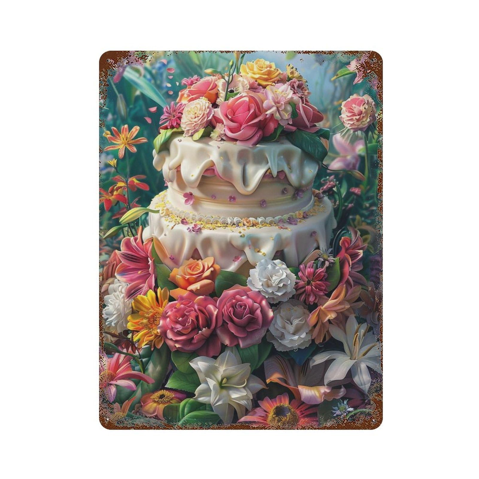 Floral Fantasy Cake 15.7"x11.8" Retro Metal Sign, Shabby Chic Decor for Garage, Bar And Workshop Decor