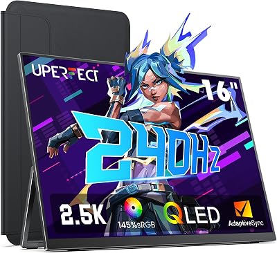 UPERFECT 2.5K 240Hz Moniteur Portable 16″ QLED Écran Portable Gaming 2560 x 1600 145% sRGB 2000:1 HDR10, Design Mince avec Support Intégré et Housse de Protection, pour Laptop/PC/Phone/Spielekonsole