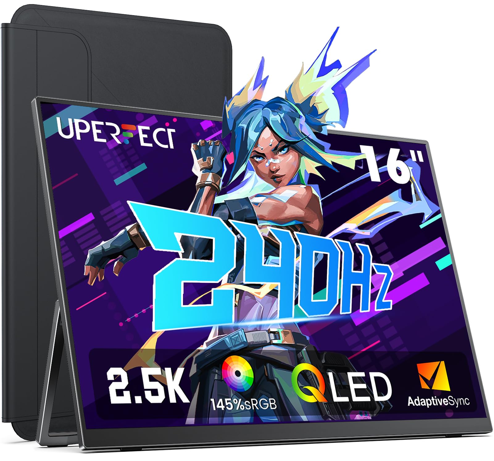 UPERFECT 2.5K 240Hz Tragbarer Monitor, 16" QLED Portable Gaming Monitor 2560 x 1600 145% sRGB 2000:1 HDR10 Design mit integrierter Ständer & Schutzhülle Kompatibel mit Laptop/PC/Phone/Spielekonsole