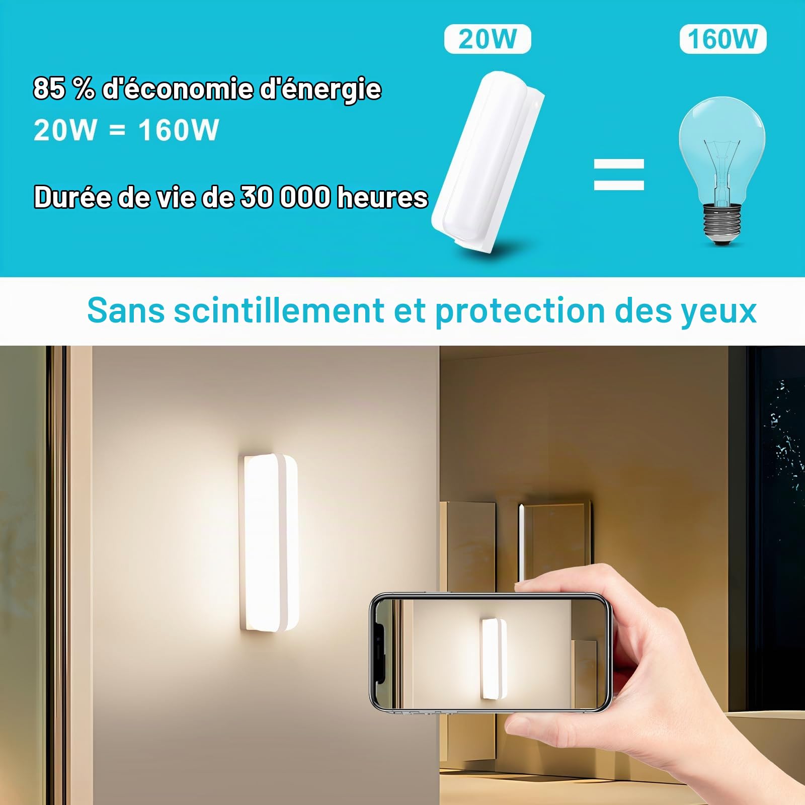 Applique Murale Intérieure LED Blanc - 2 Pack, 20W 2000LM Applique Murale Exterieur, 4000K Up-and-Down Éclairage Lampe, IP65 Luminaires Intérieur pour Escaliers Couloir Jardin Garage WC