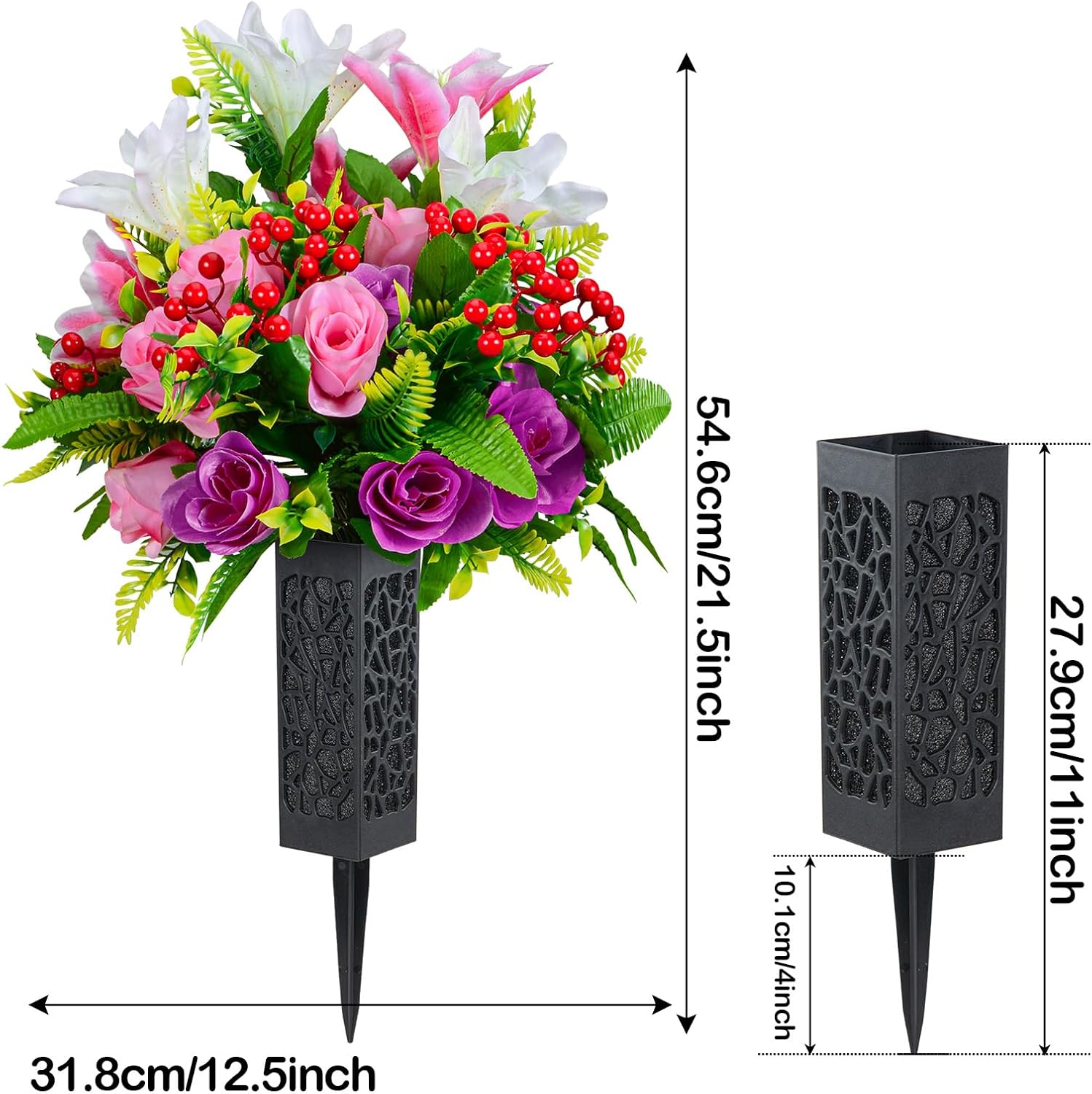 Set of 2 Artificial Cemetery Flowers, Artificial Rose Lily Grave Memorial Flowers with Black Plastic Vase for Cemetery Headstones Gravesite Decoration - Image 2