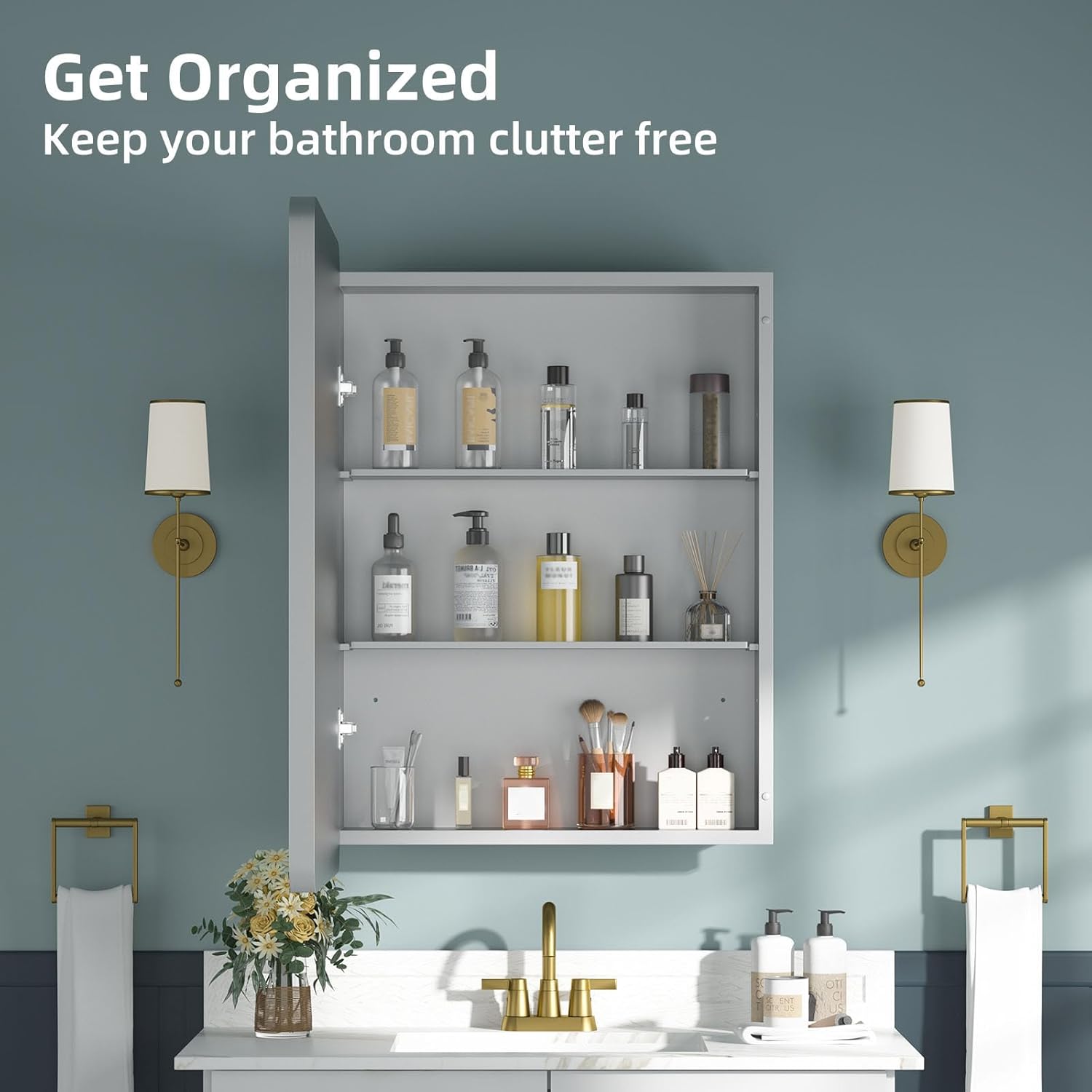 Medicine Cabinet 20 x 28 Inch, Silver Bathroom Medicine Cabinet with Mirror,Metal Beveled Mirror, Adjustable Shelves, Recessed or Wall Mount, Sturdy & Solid, Bathroom Mirror with Storage