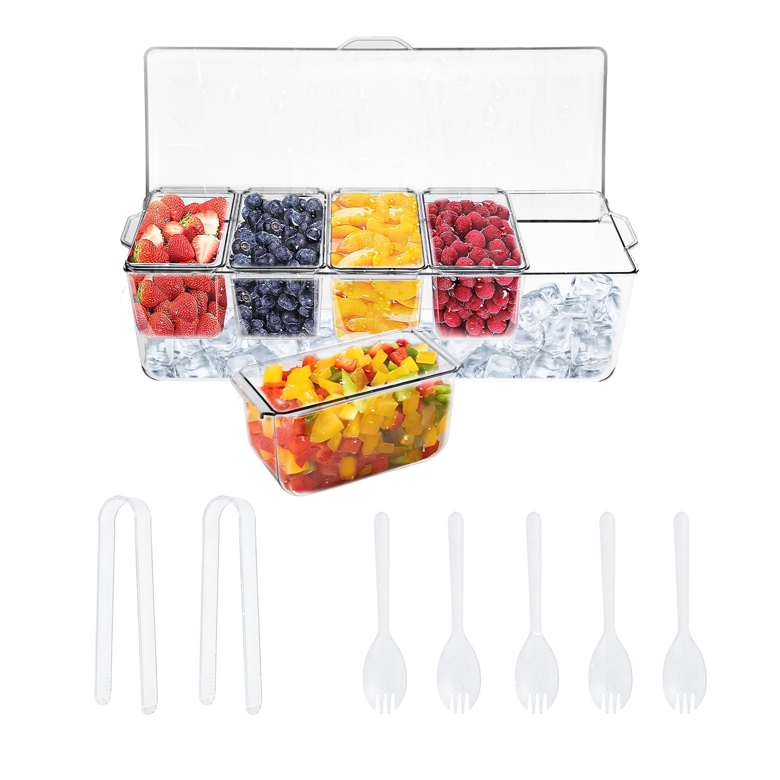 Qinglang Transparent Ice Chilled Condiment Caddy With 5 Containers Serving Tray Party Platter Reusable Clear Server Tray With Removable Dishes Snack Box For Bar Accessories Fruit Salad Food Pizza Buffet