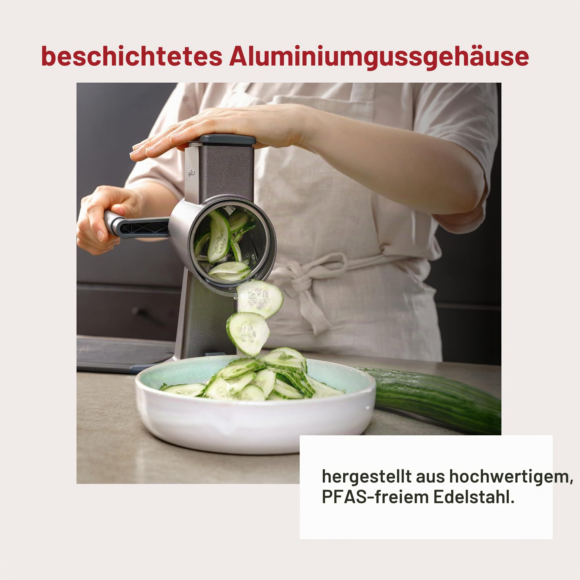 Zyliss Alu Trommelreibe Set, Käsereibe mit Kurbel, Gemüsereibe mit 3 Trommelklingen/Trommelblättern, Gemüseschneider, 5 Jahre Garantie