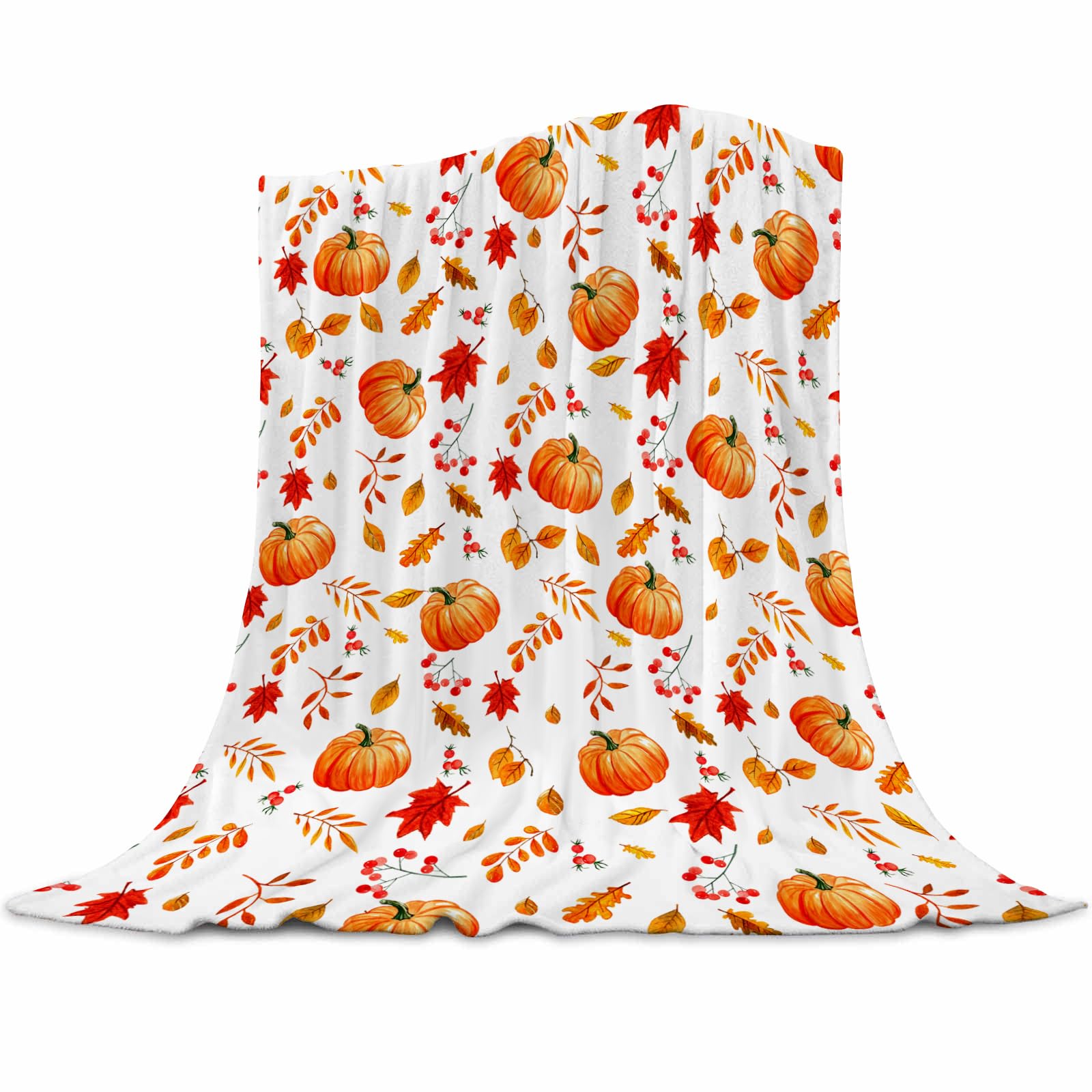 Ultra Soft Fall Throw Blanket with Pumpkins and Maples, Cozy Flannel Fleece Luxury Decoration Blanket for Bed, Sofa and Couch Fall Decorations for