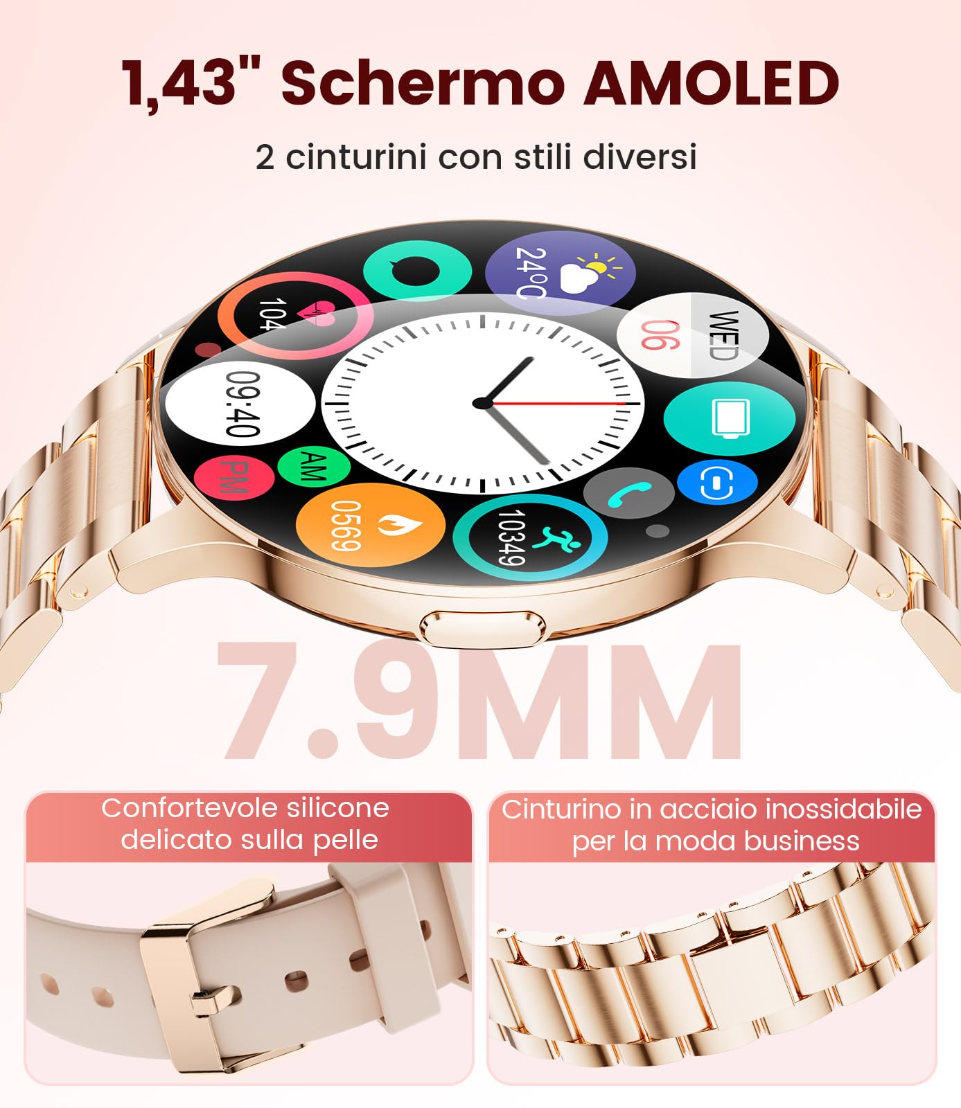 Smartwatch da donna, 1,43" HD AMOLED Smartwatch con funzione telefonica/Cinturino in metallo premium, orologio sportivo in con 120+ modalità sportive, monitoraggio del sonno, Oro