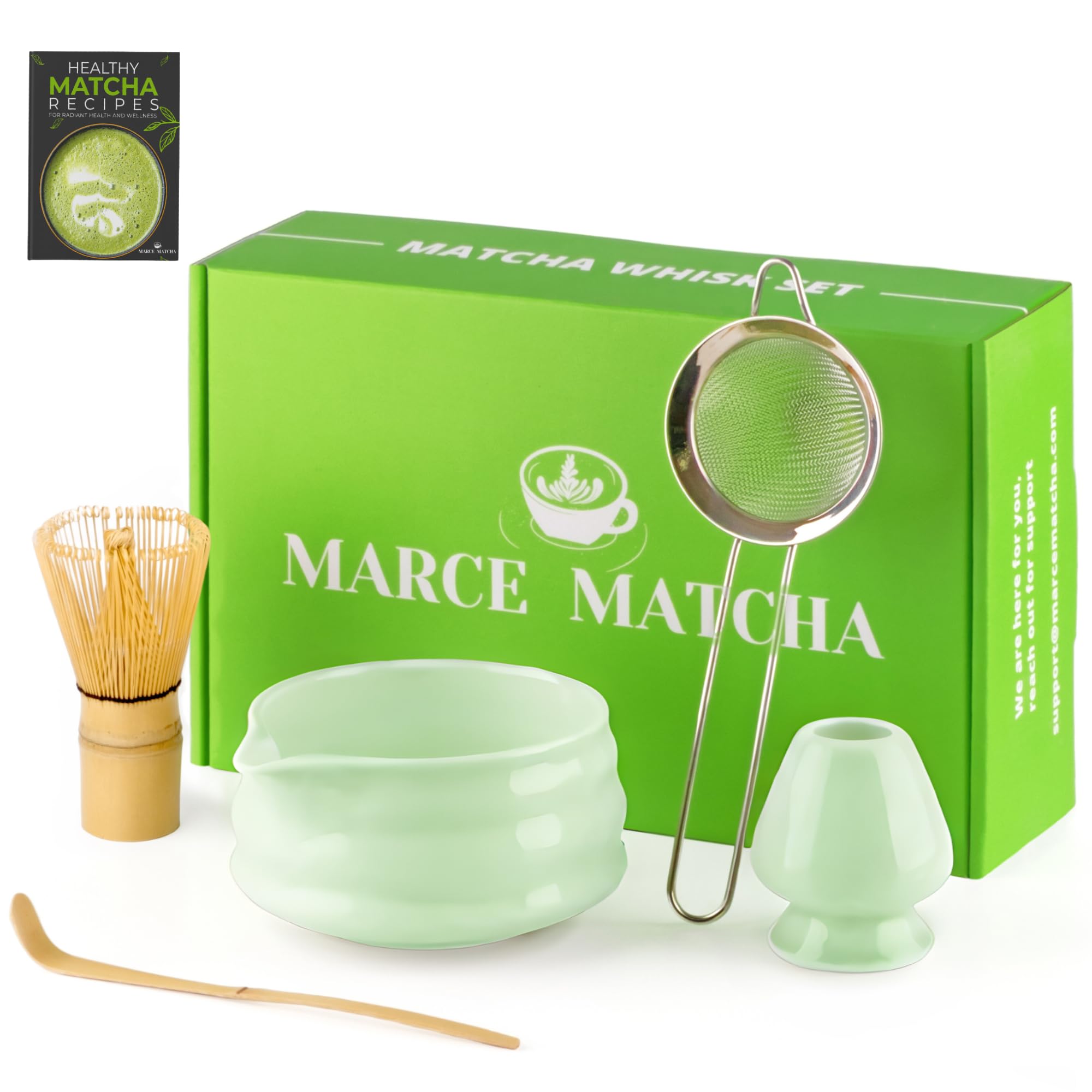 Matcha Whisk Set- Matcha Set includes Matcha Whisk and Bowl with Spout, Sifter, Holder and Scoop- The Perfect Bamboo Whisk for Matcha Tea (Green)