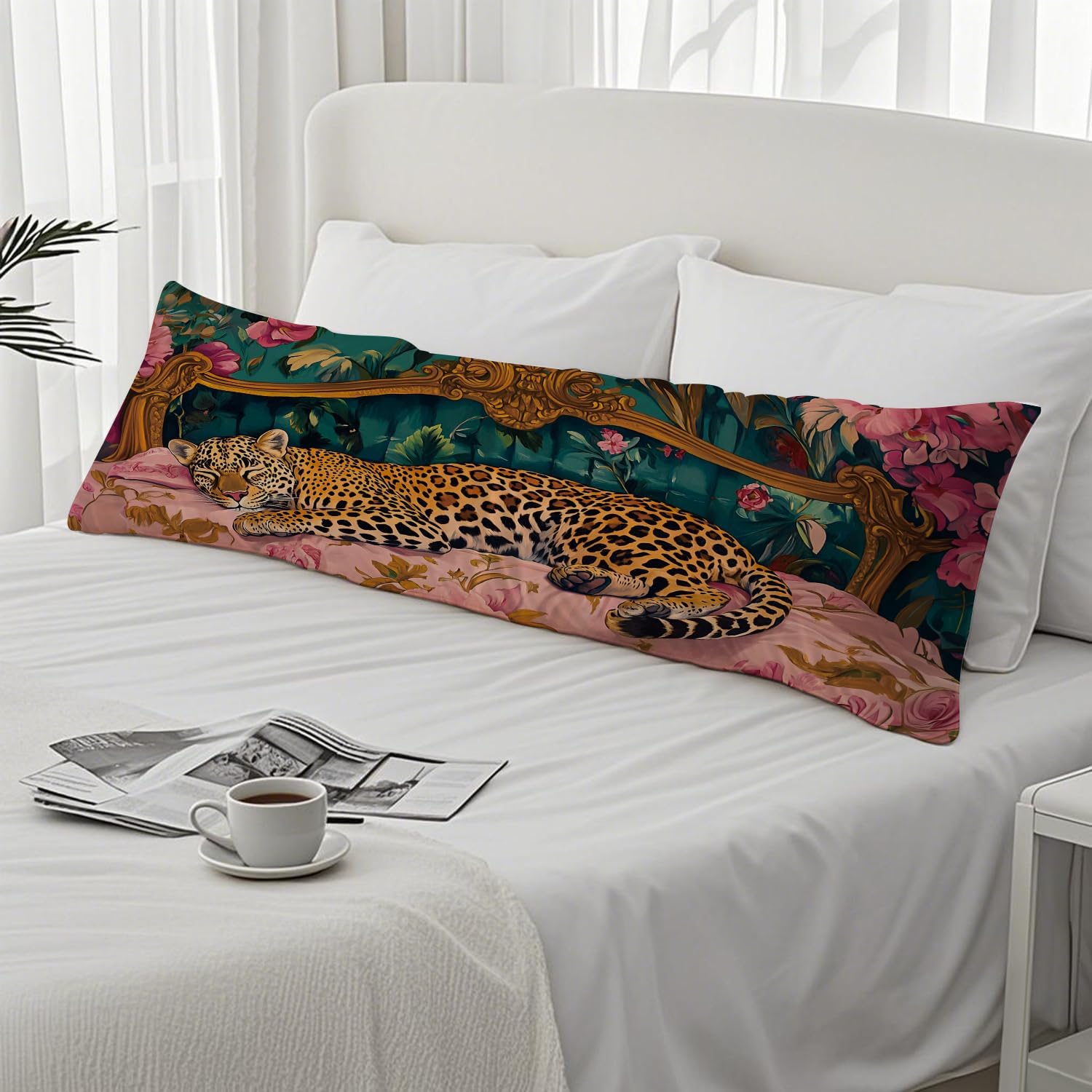 Vintage Leopard Floral 20x54 Body Pillow Cover, Cheetah Room Decor, Trendy Retro Sleepy Leopard Pink Flowers Decorative Long Body Pillow Cases for Bed Couch