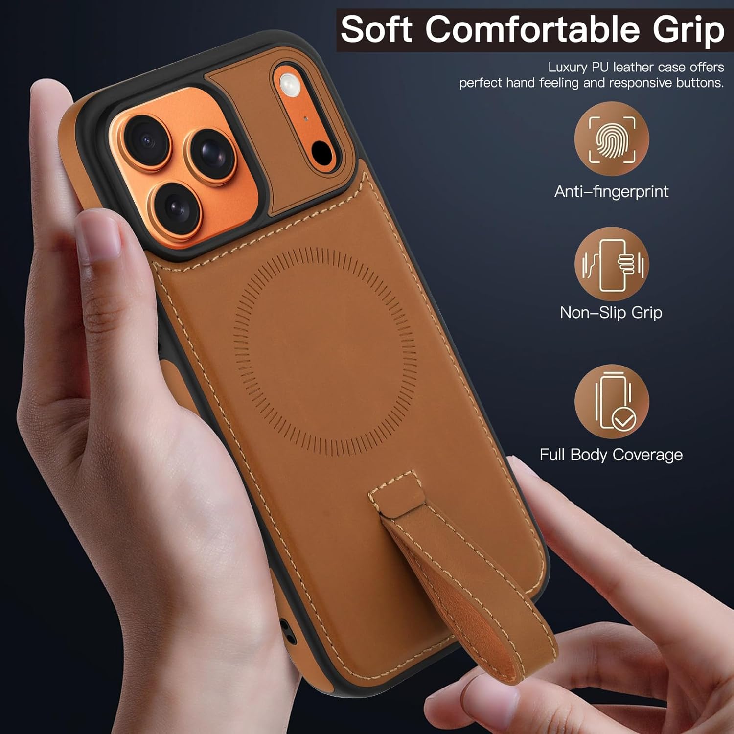 Magnetic for iPhone 17 Pro Leather Case, Compatible with Magsafe, Strap Finger Strap Phone Cover for Men (Brown,iPhone 17 Pro). - Image 7