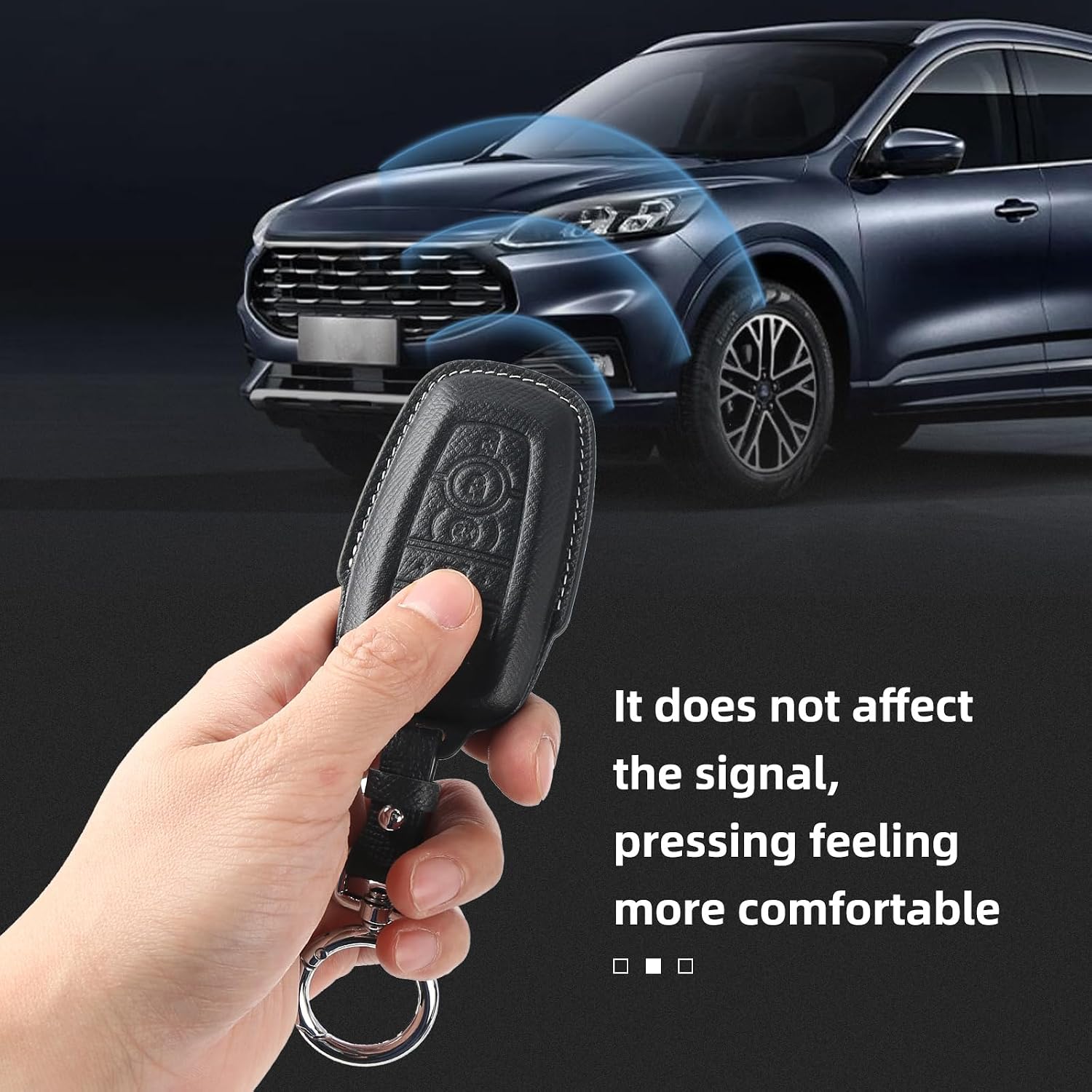 Leather Key Fob Cover with Keychain Compatible with Ford Explorer Mustang Escape F150 F250 F350 F450 F550 Edge Key (Black)