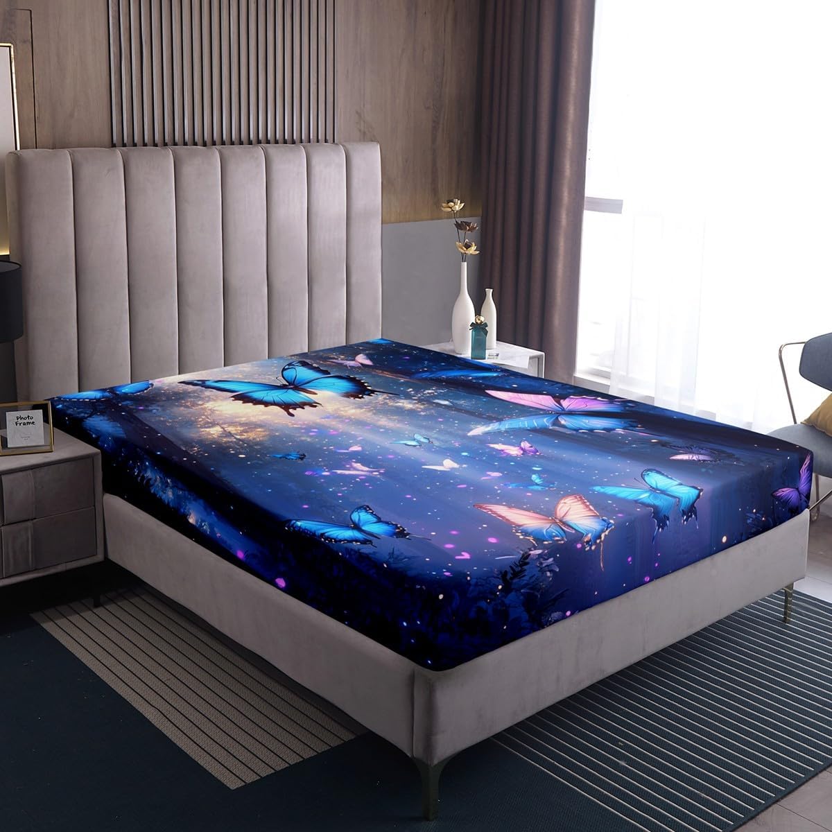 Butterfly Fitted Sheet Dreamy Butterflies Bed Sheets Full,Watercolor Beetles Sheets Jungle Bedding Set,Rustic Aesthetic Animal Room Decor