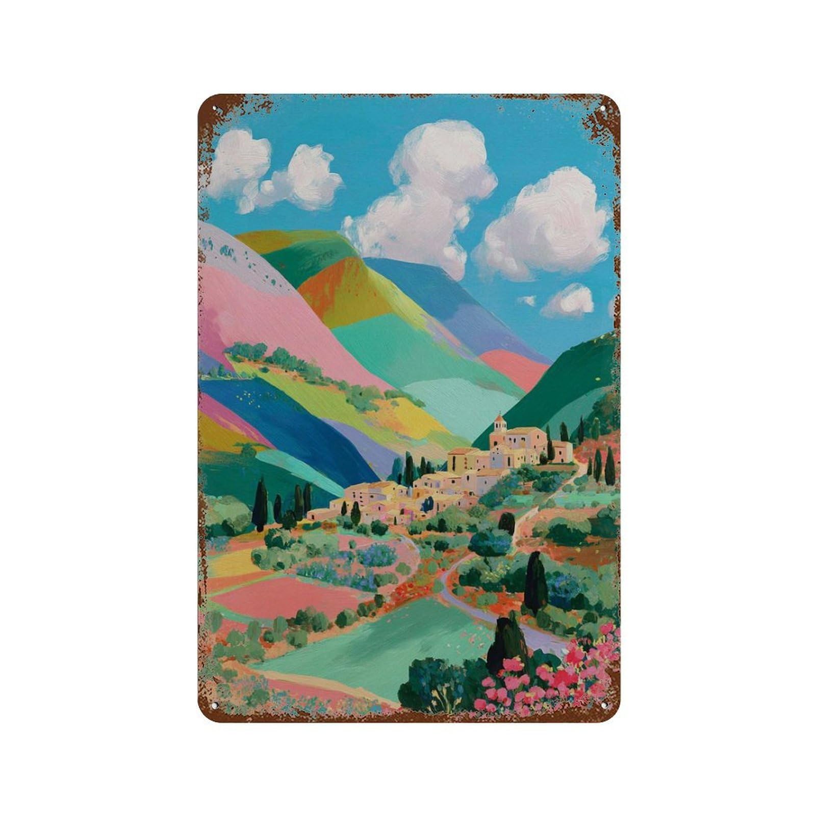 xiaoxiaoshen Italian Countryside Colorful Landscape Tuscany Hill Vibrant Travel Mediterranean Wall Decor Art Metal Tin Poster Modern Home Decor Art Home Bar Shop Decorations Vintage Sign 30x20cm