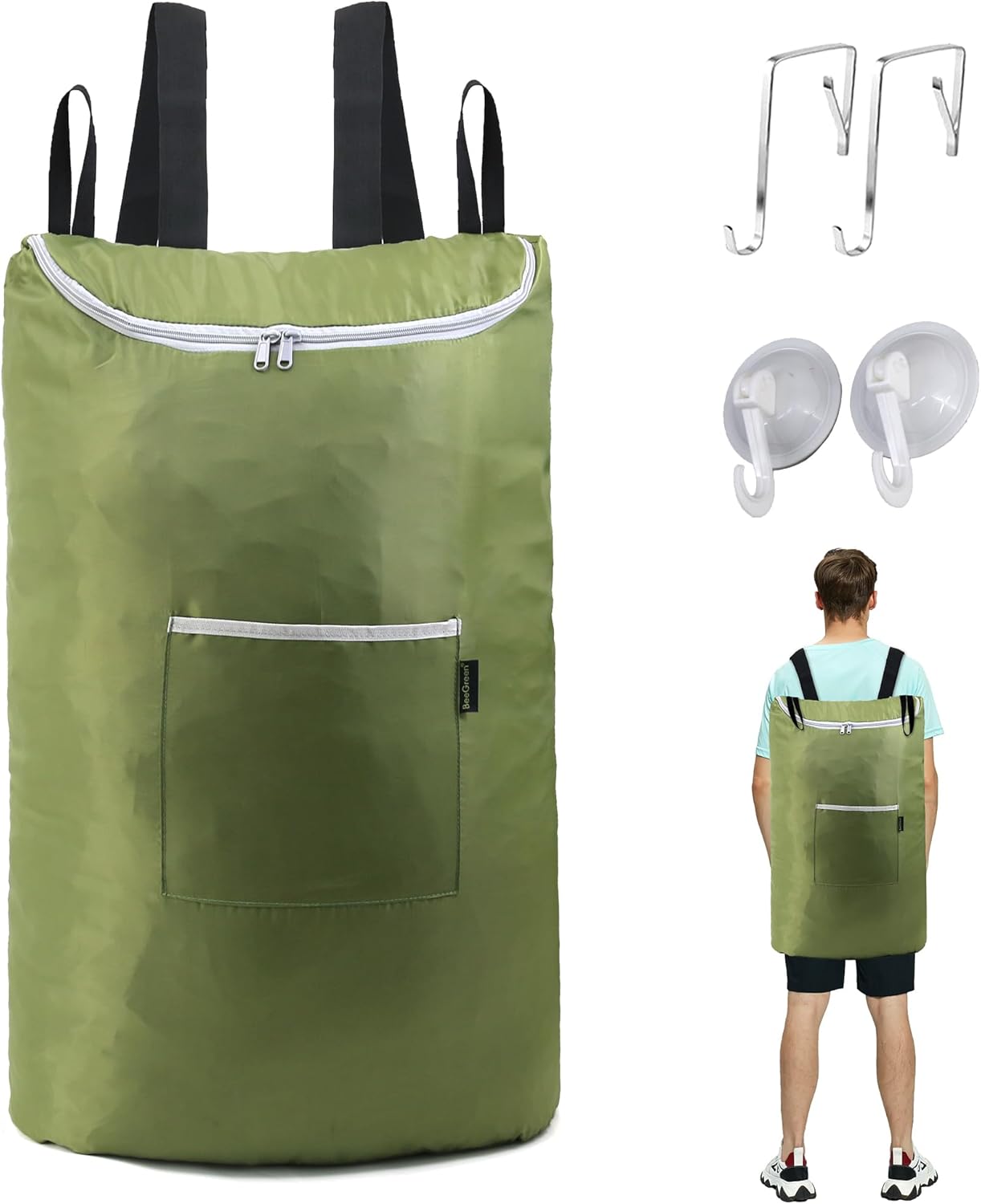 BeeGreen Army Green Hanging Backpack Laundry Hamper Bag X