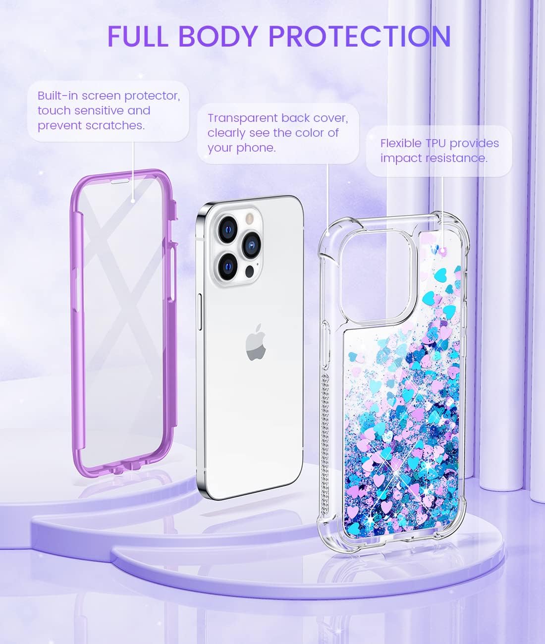 Caka Glitter Case Designed for iPhone 13 Pro Case Girly Girls Women Liquid with Built-in Screen Protector Flowing Quicksand Protective Full Body Phone Case for iPhone 13 Pro 6.1" (Blue Purple)