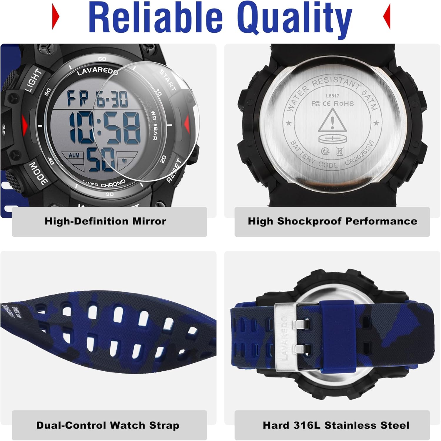 Men's Digital Watch Sports Outdoor Waterproof Watches for Men with LED Backlight Alarm Stopwatch Mens Watches Digital Chronograph Military Date ArmyBlue image 2 of 9 B0F6356PSL
