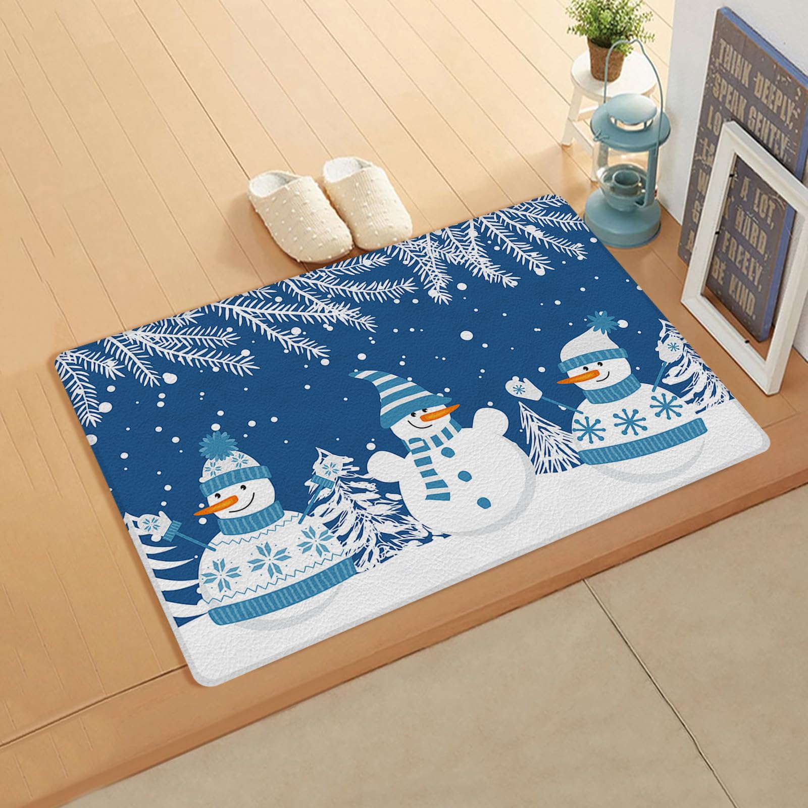 Blue Snowman Kitchen Bath Door Mat Cushioned Runner Rug,Washable Welcome Floor Sink Antifatigue Mat,Waterproof & Non-Slip Comfort Standing Doormat,Christmas Snowflake Geometric Tree Branch 18