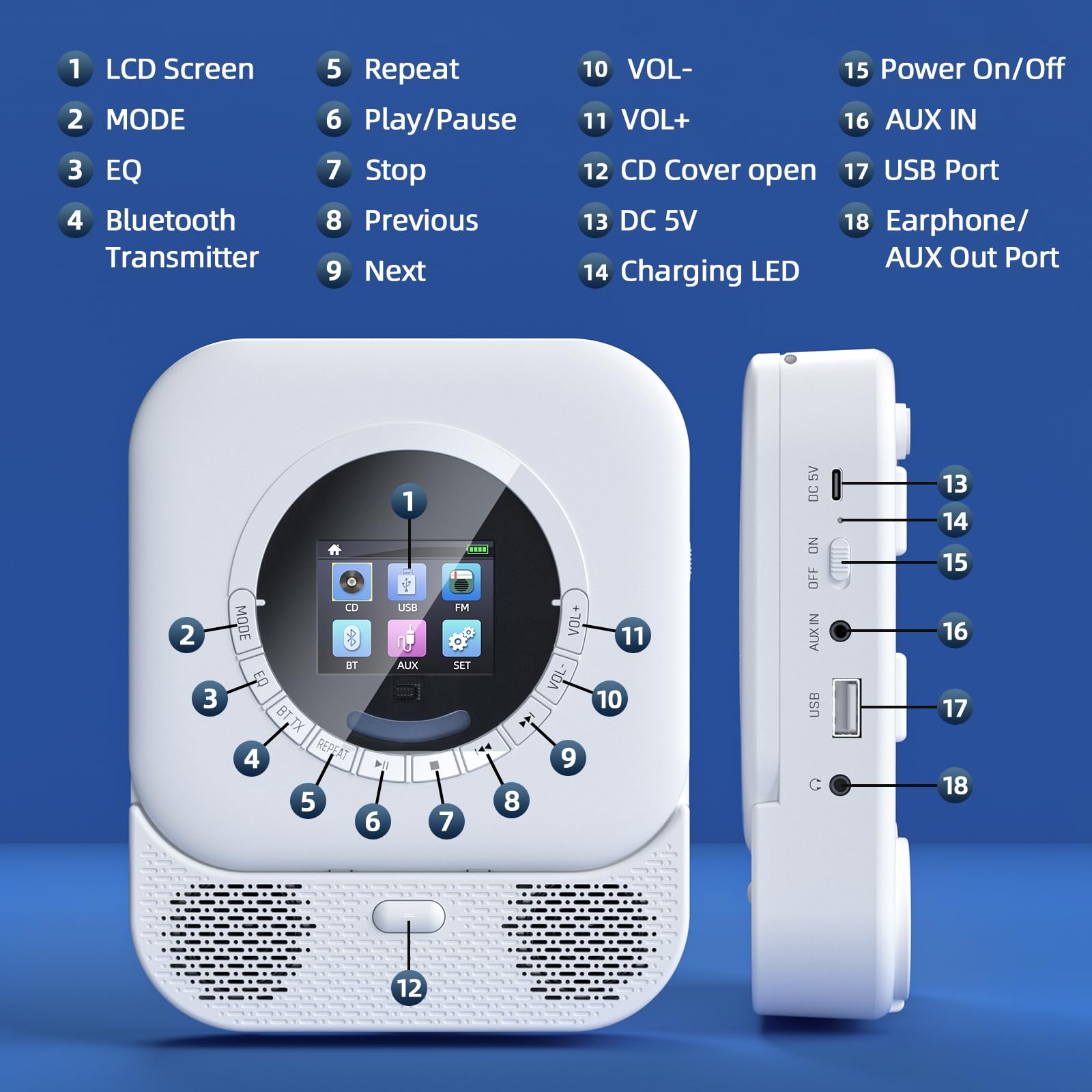 Arafuna Lettore CD Portatile Bluetooth con Altoparlanti HiFi, Radio, Display LED (Bianco)