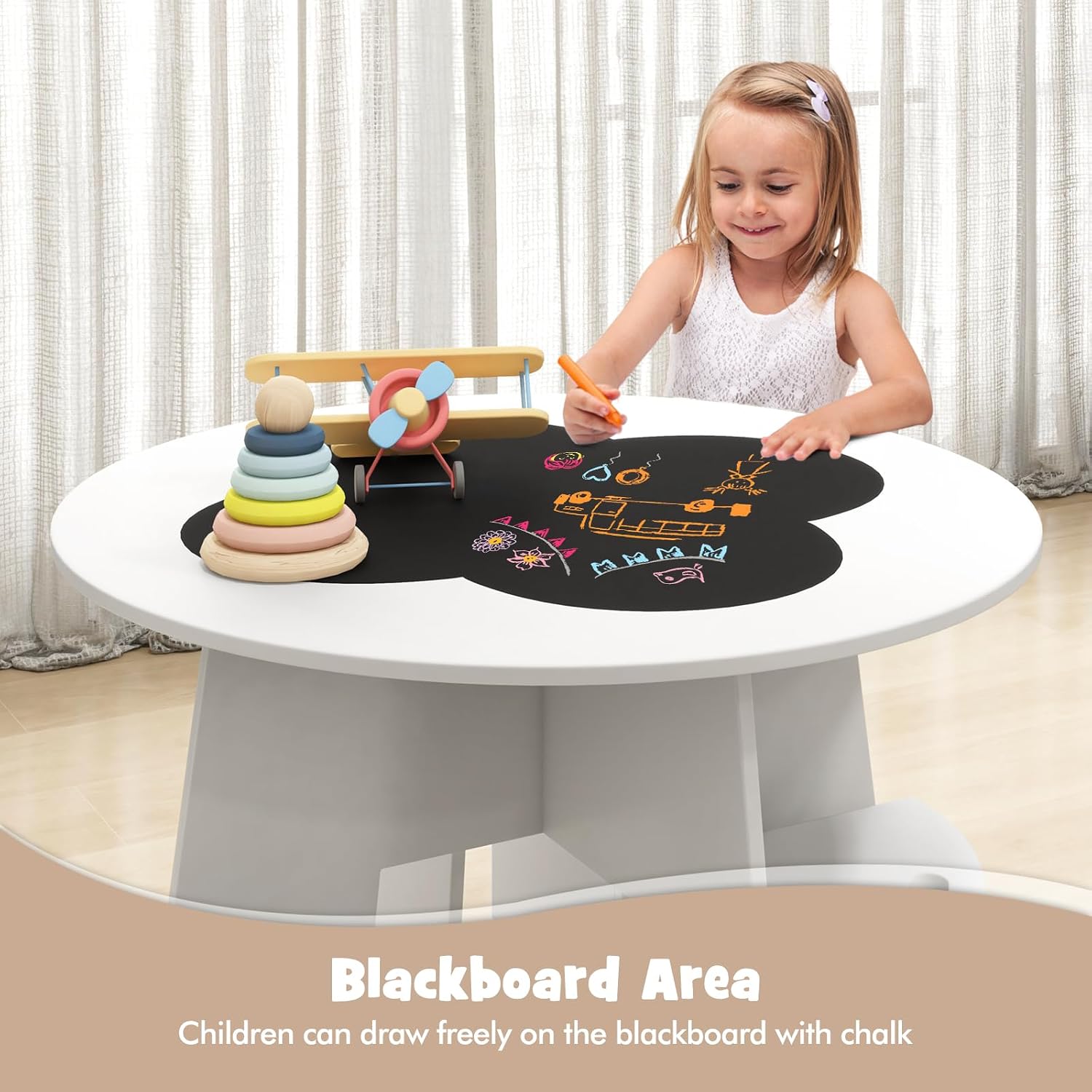 INFANS Toddler Table and Chair Set with 4 Storage Stools, Wooden Flower Shaped Nesting Table with Blackboard Drawers, Children Multi-Activity Table for Art Crafts Draw Read Boys Girls 3+