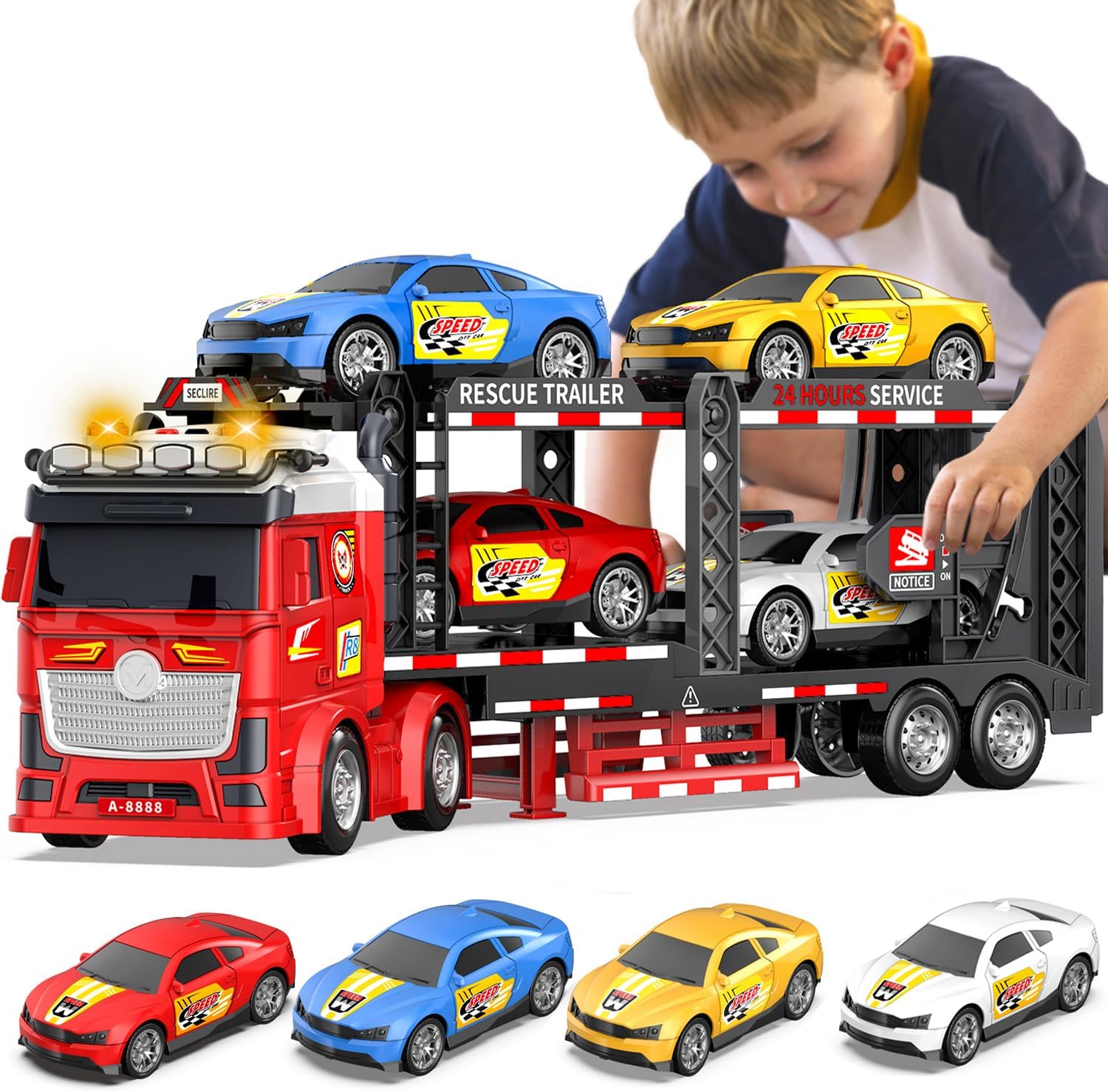 DOWELLIN Carrier Truck Race Car Toys for 3 4 5 6 7 Years Kids, 21.5" Friction Powered Double Layer Semi Transport Truck Toy with 4 Racing Cars, Light&Sound Vehical Toys, Xmas Gift for Boy Girl-Red