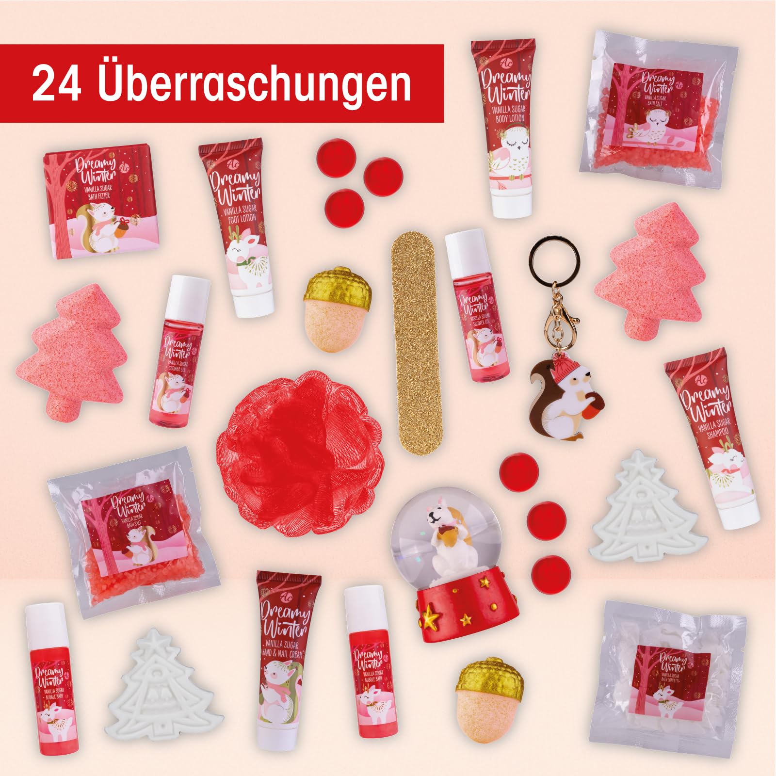 Accentra Kalendarz adwentowy z 24 produktami do pielęgnacji – kalendarz adwentowy Beauty z balsamem do ciała, kulkami kąpielowymi, żelem pod prysznic, szamponem, balsamem do ust, kremem do rąk