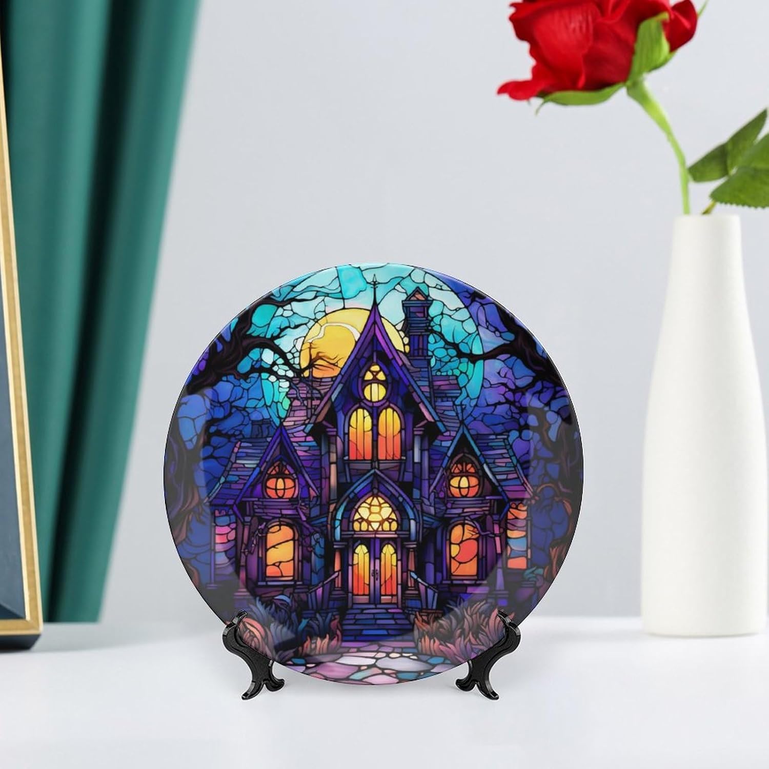 Decorative Plates for Home Decor, Haunted House Stained Glass Painting Decor Tray for Table Display, Ceramic Dinner Plate W/Stand, Living Room Dining Room Decor, Gifts for Halloween, 7 Inch