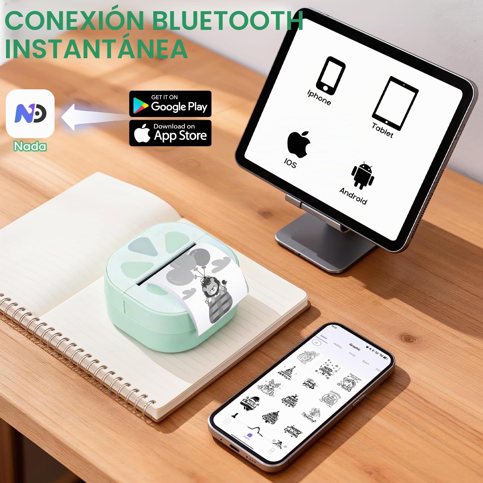 Mini Impresora Térmica,Impresora Fotos Portátil Bluetooth Inalámbrica Cable USB Compatible con iOS y Android Impresora Pegatinas con 3 Rollos de Pape para Fotos Notas Pegatinas Móvil Regalos