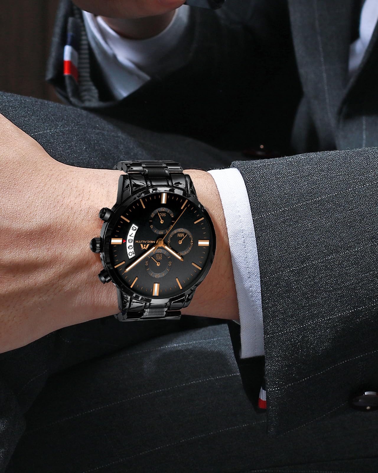 MEGALITH Chronographe Montre Homme Analogique: Montre Bracelet Acier Etanche avec Date Lumineuses - Cadeaux pour Hommes Travail Vêtements Décontractés du Quotidien