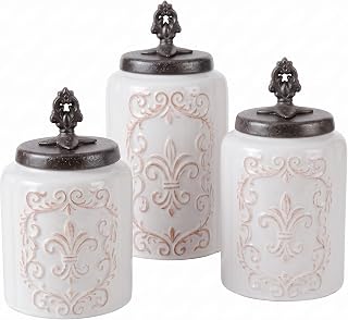 American Atelier Ceramic Kitchen Canister Set Fleur De Lis w/ Lids, 3 PC