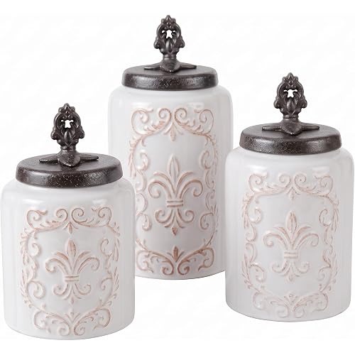 American Atelier Ceramic Kitchen Canister Set Fleur De Lis w/ Lids, 3 PC