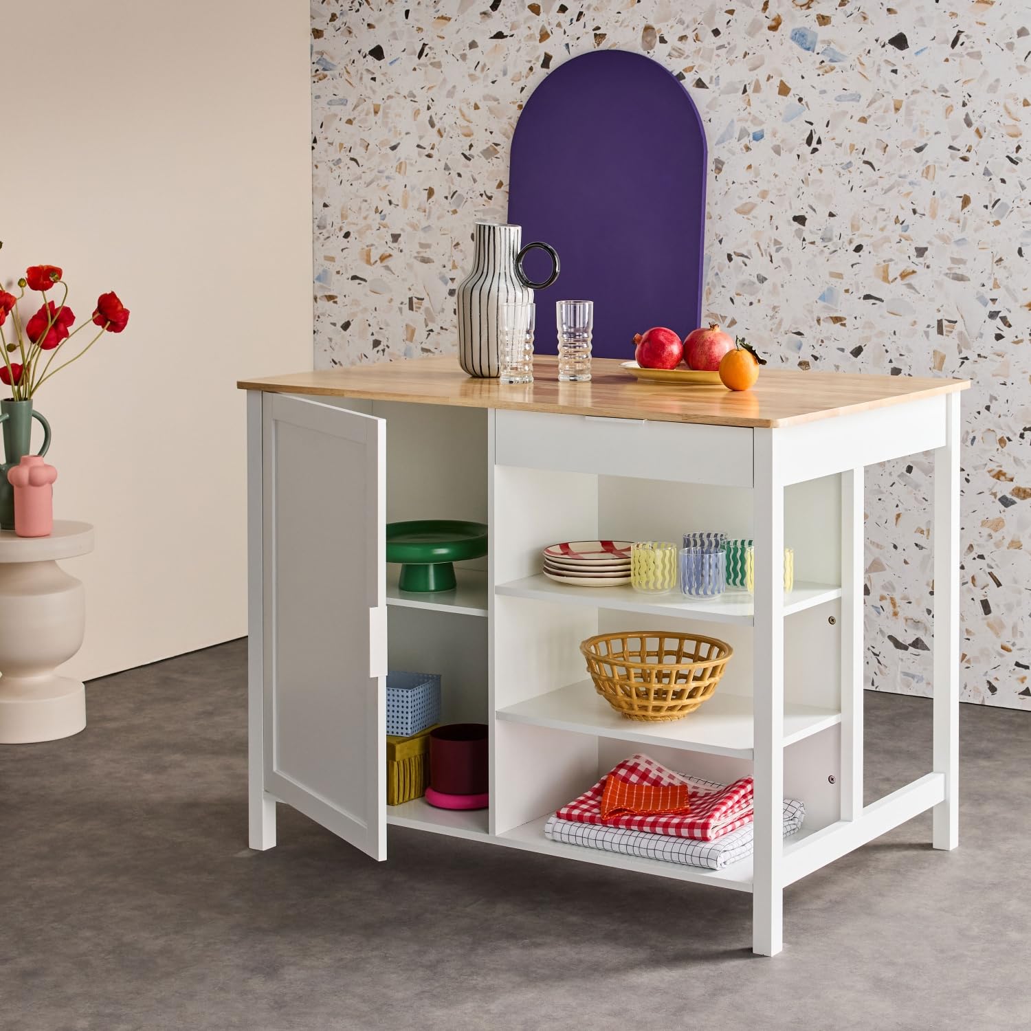 sweeek - Îlot Central de Cuisine MOLENE. Plateau en Bois d'hévéa. 120x75cm. Blanc. 5 étagères. 1 Porte. 1 tiroir. L 120 x P 75 x H 90cm