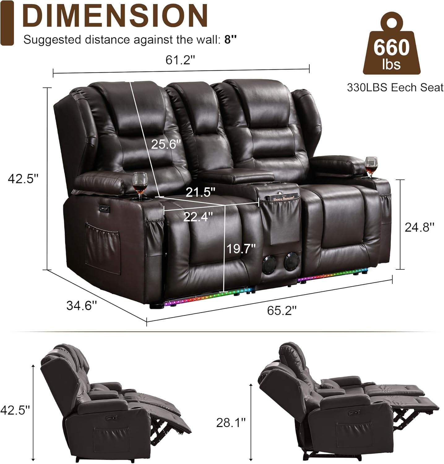 DRMBOOK RV Power Loveseat Recliner Sofa, Faux Leather Double Wall Hugger Reclining Sofa with Console, Home Theater Seating Chair with Cup Holders, 2 Person Couch RV Furniture for Living Room, Brown