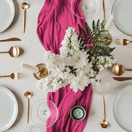 Miniatura 5 de Camino de mesa de estopilla rosa intenso de 10 pies, paquete de 2 caminos de mesa bohemios, para decoración de boda, despedida de soltera,