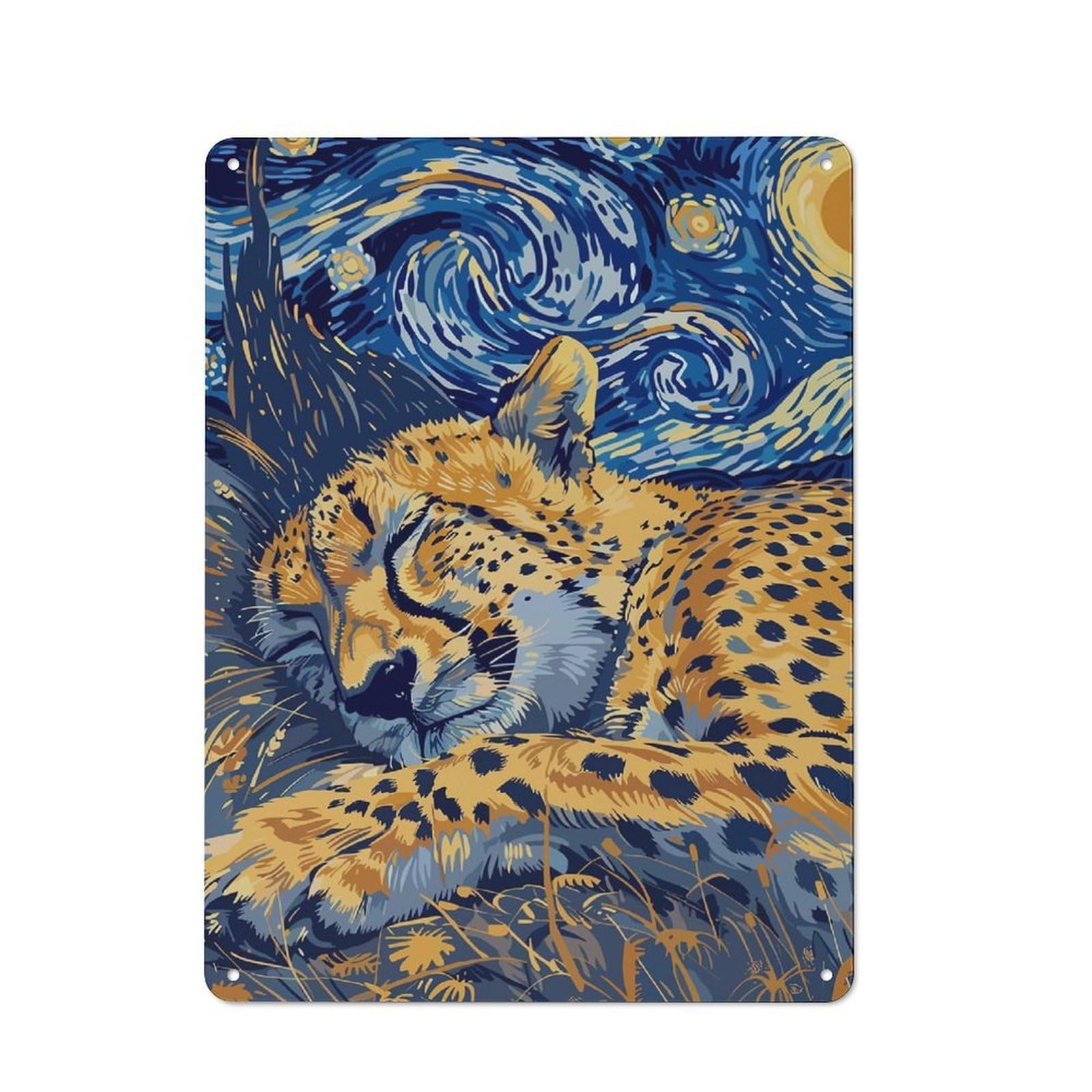 Junmoney Sleeping Cheetah Starry Night Art Vintage Tin Wall Plaque 40X30cm For Hallway Wall, For Kitchen, Dining Room And Home Bar Wall Decor