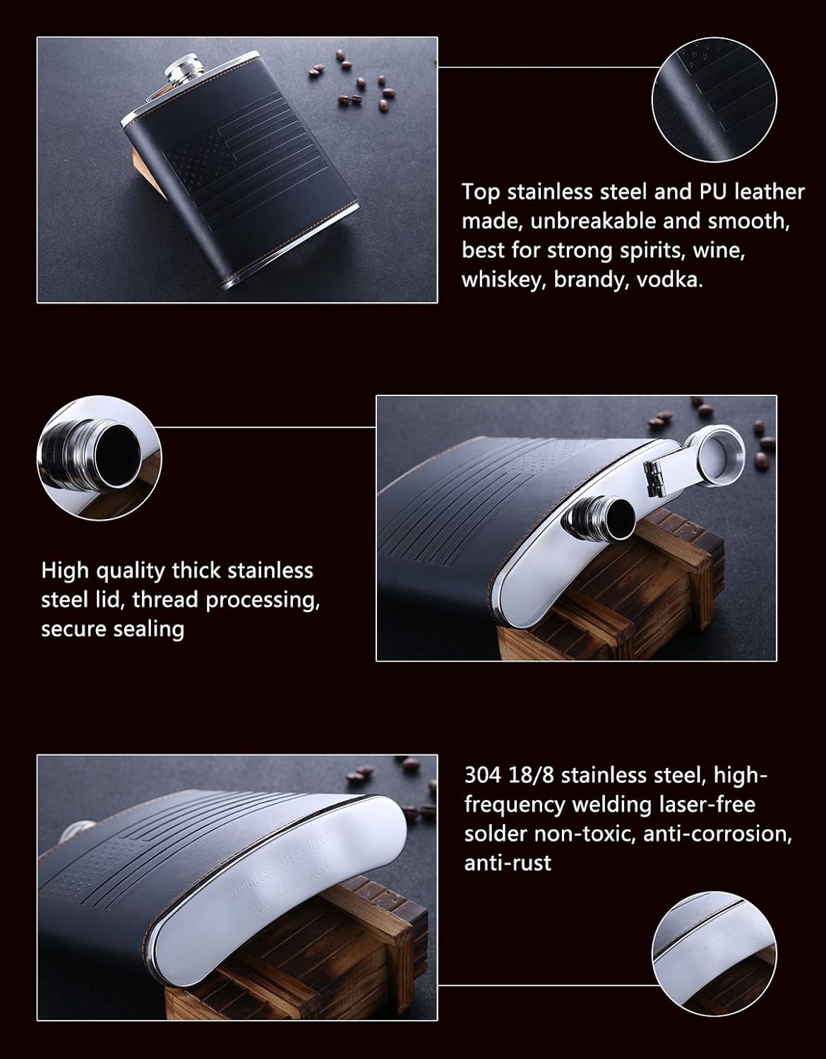 American Flag 18 oz Black Stainless Steel Whiskey Hip Flasks for Liquor with Leather Wrapped