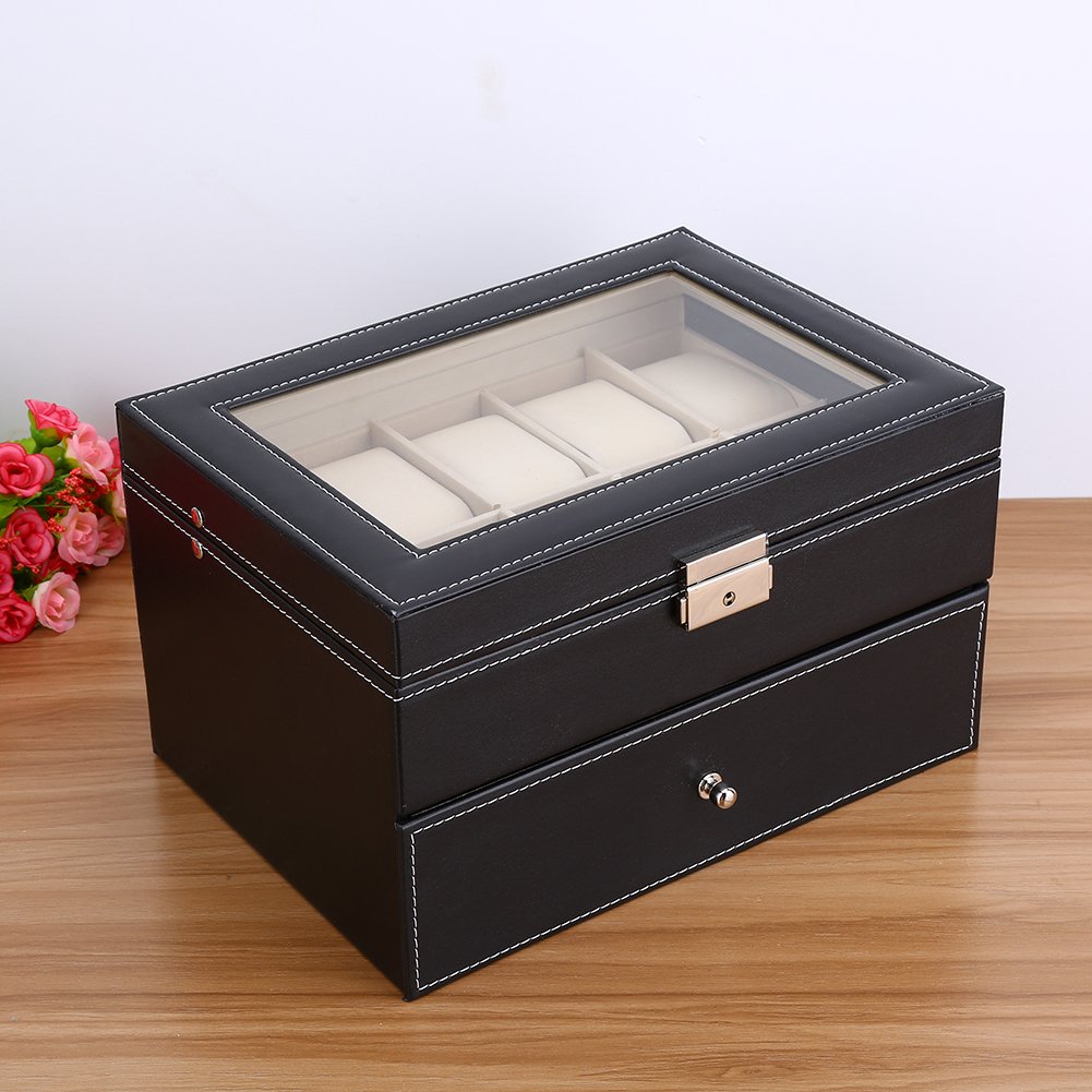 GOTOTOP Uhrenbox aus Holz und Leder, 20 Uhren Aufbewahrung Organizer mit Schublade, Elegant Uhrenkoffer für Schmuck und Armbanduhren