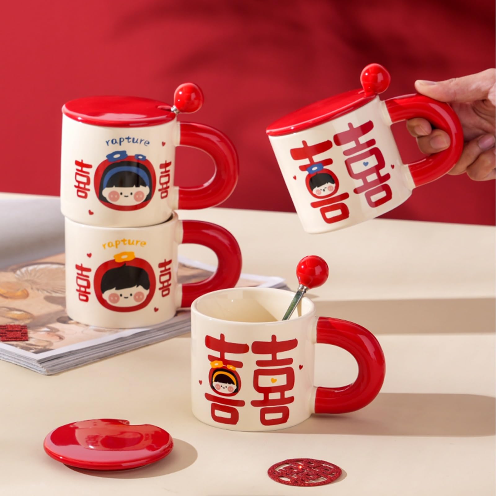 Tazza da tè dal Design Unico, Tazza in Ceramica con Coperchio e Cucchiaio a Forma di Ragazzo Felice, da Caffè da 380 Ml per tè e Caffè, Grazioso Regalo di San o Natale(Red)