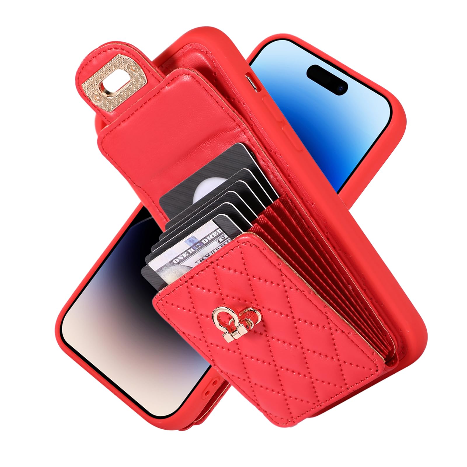 VQWQ Cover per iPhone 14 Pro Max 6.7, Custodia Portafoglio in Pelle PU Slot per Schede Libro 360° Anello Supporto Antiurto Anti-Graffio con Cordino Cavalletto Wallet Case per Maschio Donna -[ZH]-Red