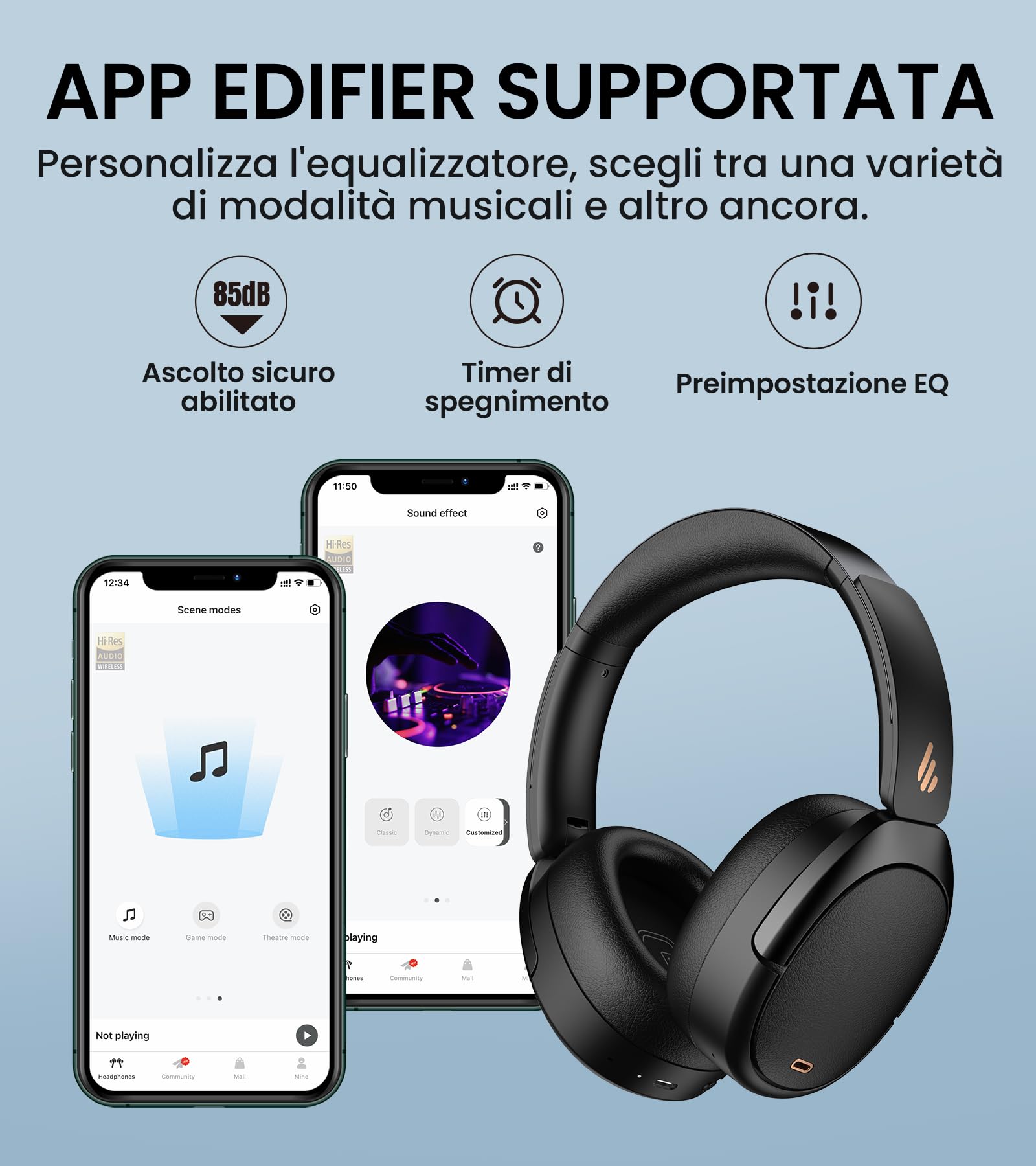 Edifier WH950NB Hybrid Active Noise Cancelling Cuffie -LDAC Codec con audio Hi-Res e Custom EQ tramite app dopo 55H Playtime con cuffie pieghevoli wireless Over-Ear Bluetooth V5.3 – Nero - Vista 8