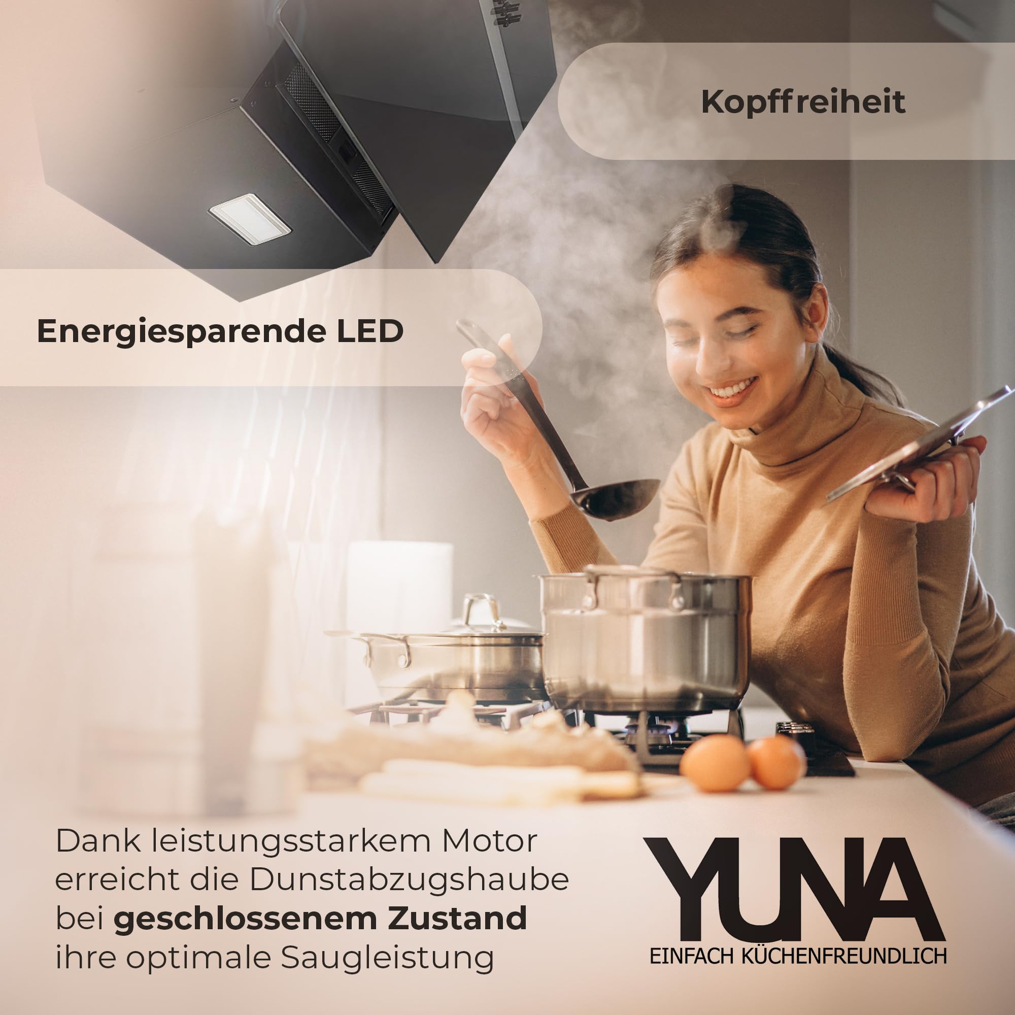 YUNA Dunstabzugshaube DUSANKA 60 cm Schwarz Glasfront 3 Leistungsstufen 47W Motorleistung Energieeffizienz A Abluft Umluft Kopffrei LED Beleuchtung Ohne Kohlefilter Wandhaube