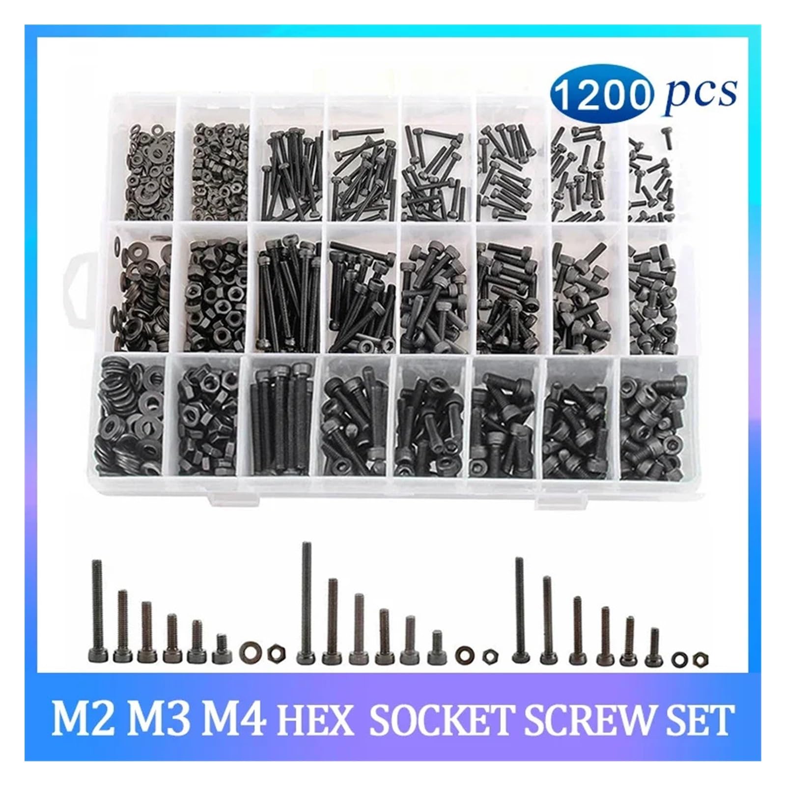 1200 Uds M2 M3 M4 hexagonal tornillo con cabeza hexagonal de acero al carbono negro tornillos de cabeza Allen pernos y tuercas Kit surtido de arandelas