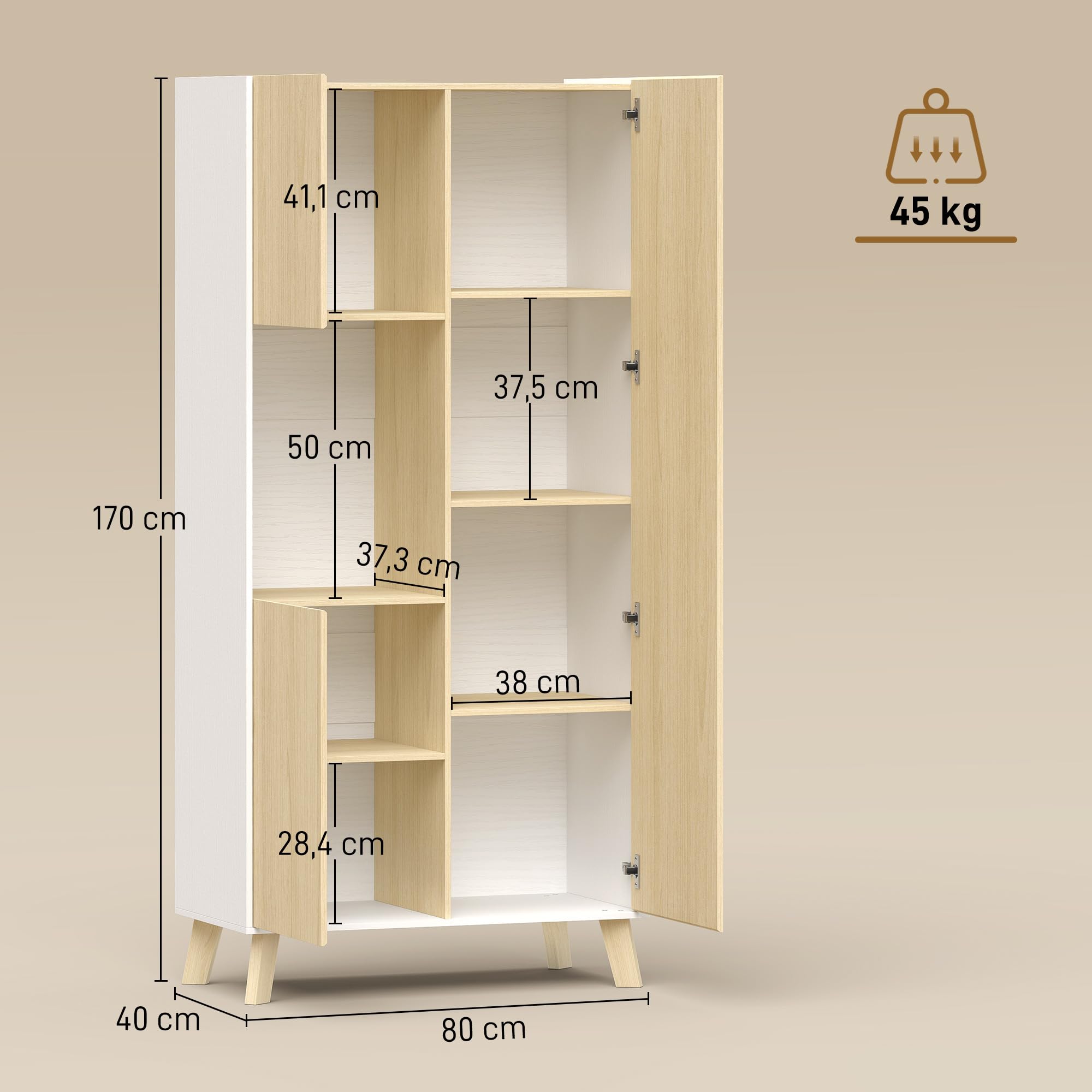 HOMCOM Küchenschrank 170 cm Hoher Buffetschrank mit offenem Fach, 3 Türen, Hochschrank mit verstellbaren Einlegeböden, Moderner Vorratsschrank für Küche, Wohnzimmer, Esszimmer, Natur, 80x40x170 cm